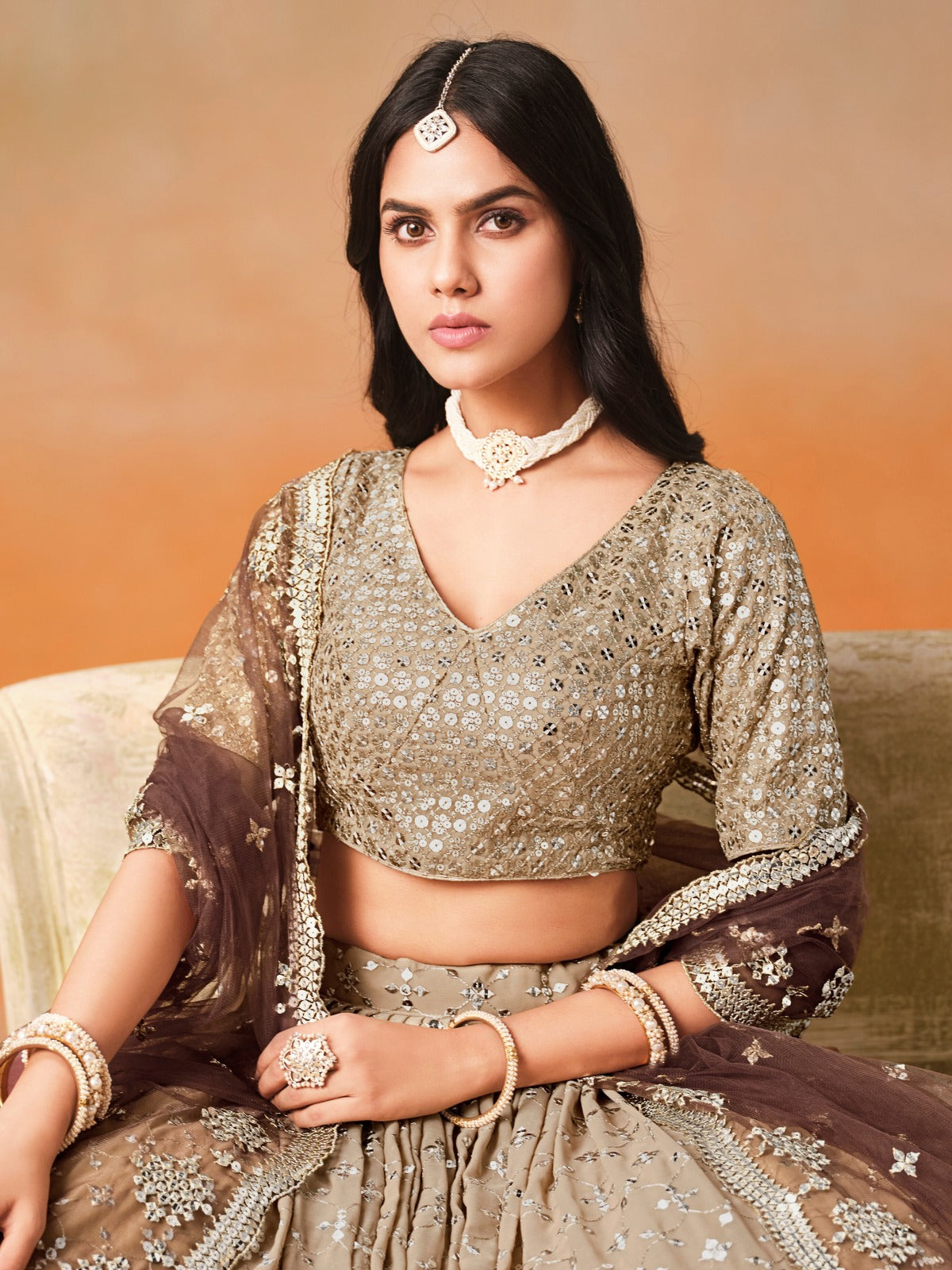 BEIGE BROWN OMBRE WEDDING LEHENGA