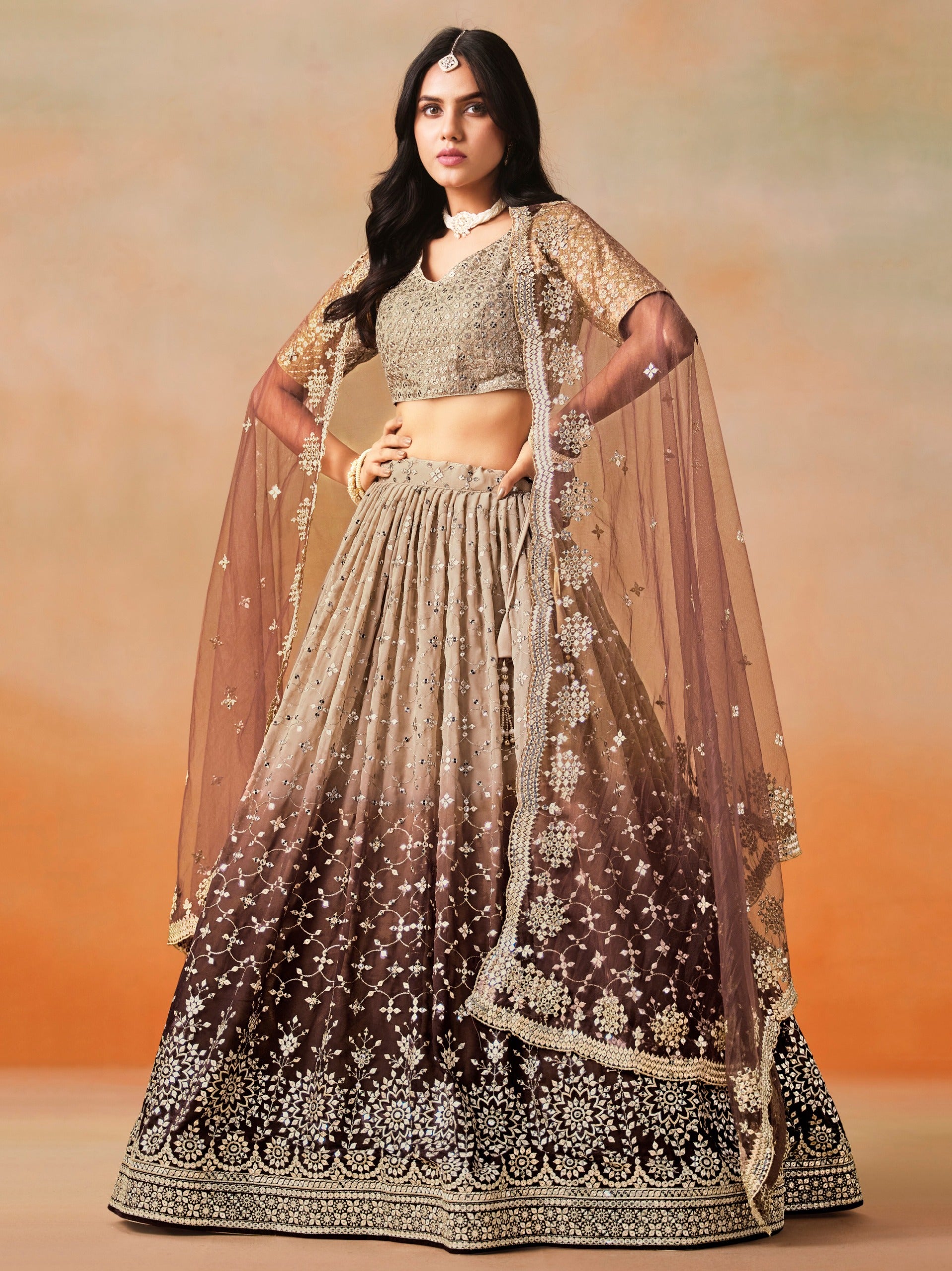 BEIGE BROWN OMBRE WEDDING LEHENGA