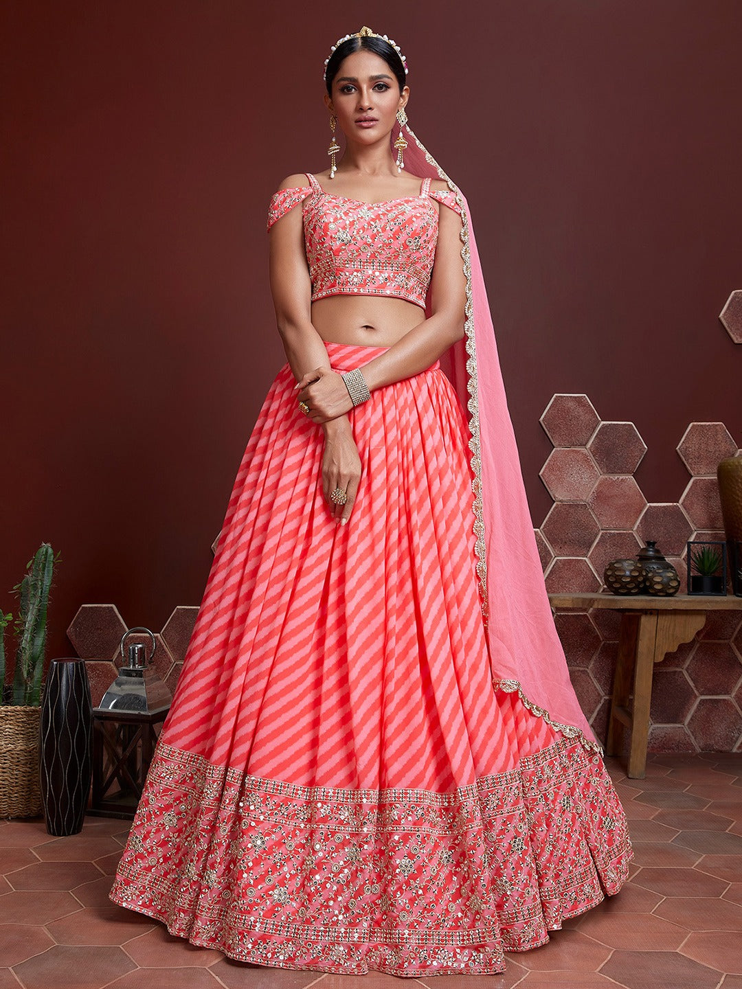 PINK ORGANZA HEAVY WEDDING LEHENGA
