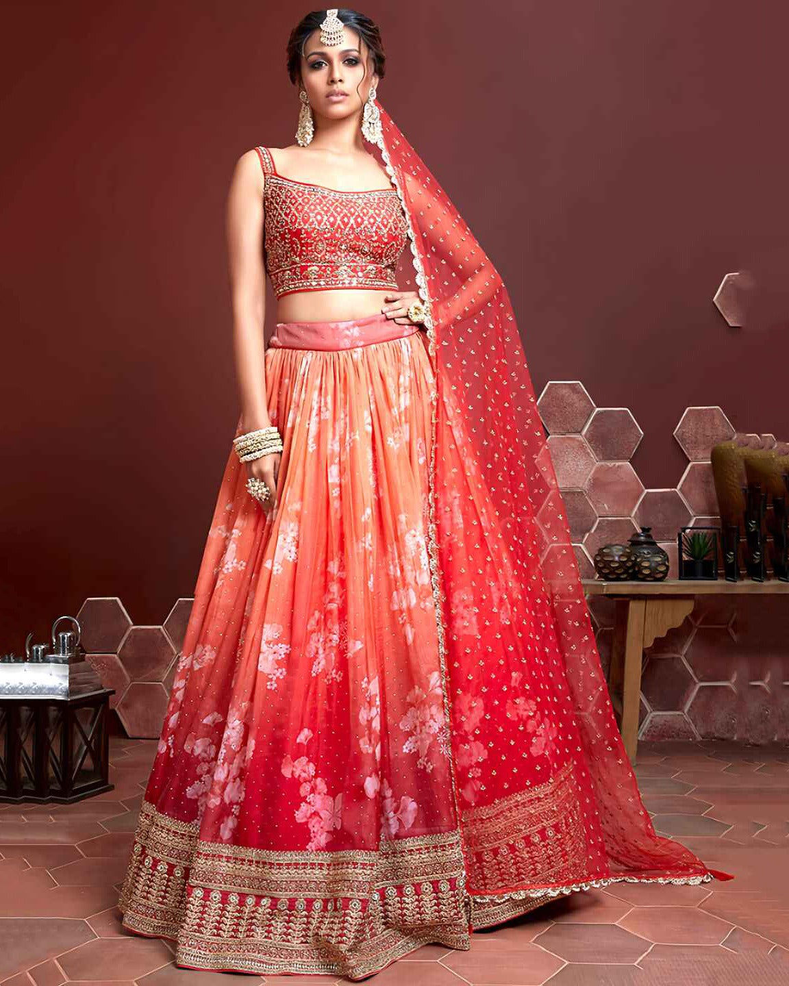 TIGER ORANGE ORGANZA SILK LEHENGA CHOLI