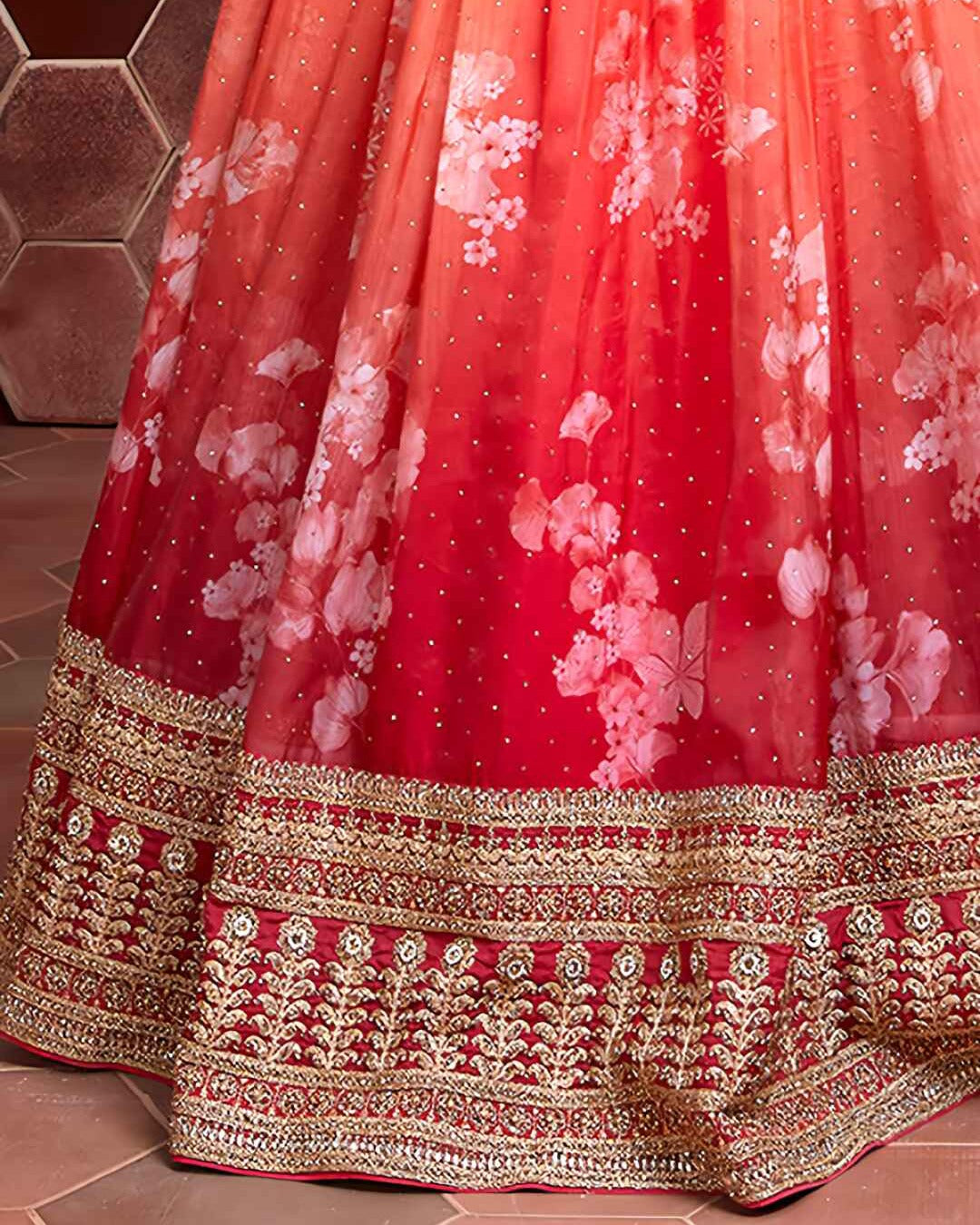 TIGER ORANGE ORGANZA SILK LEHENGA CHOLI