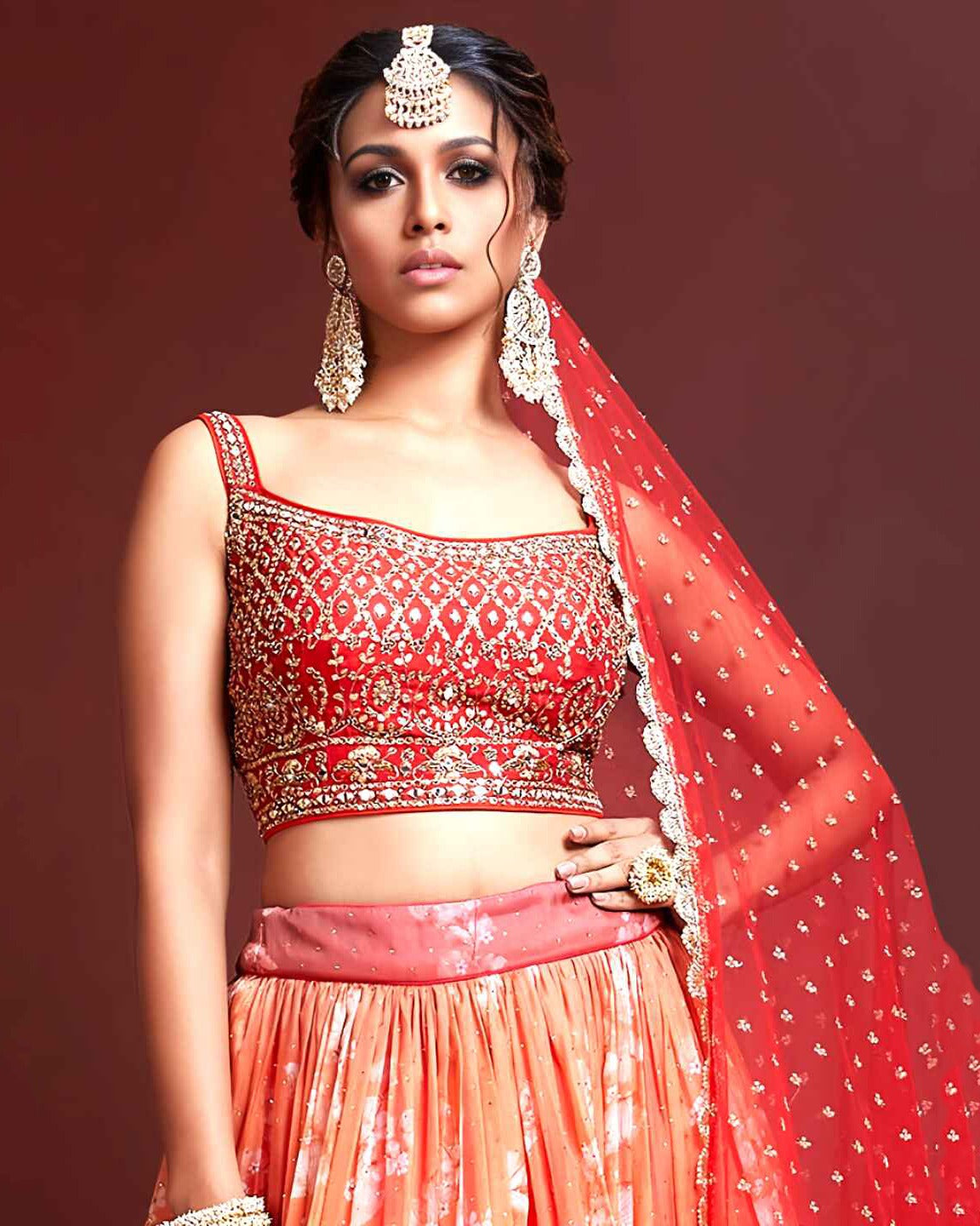 TIGER ORANGE ORGANZA SILK LEHENGA CHOLI