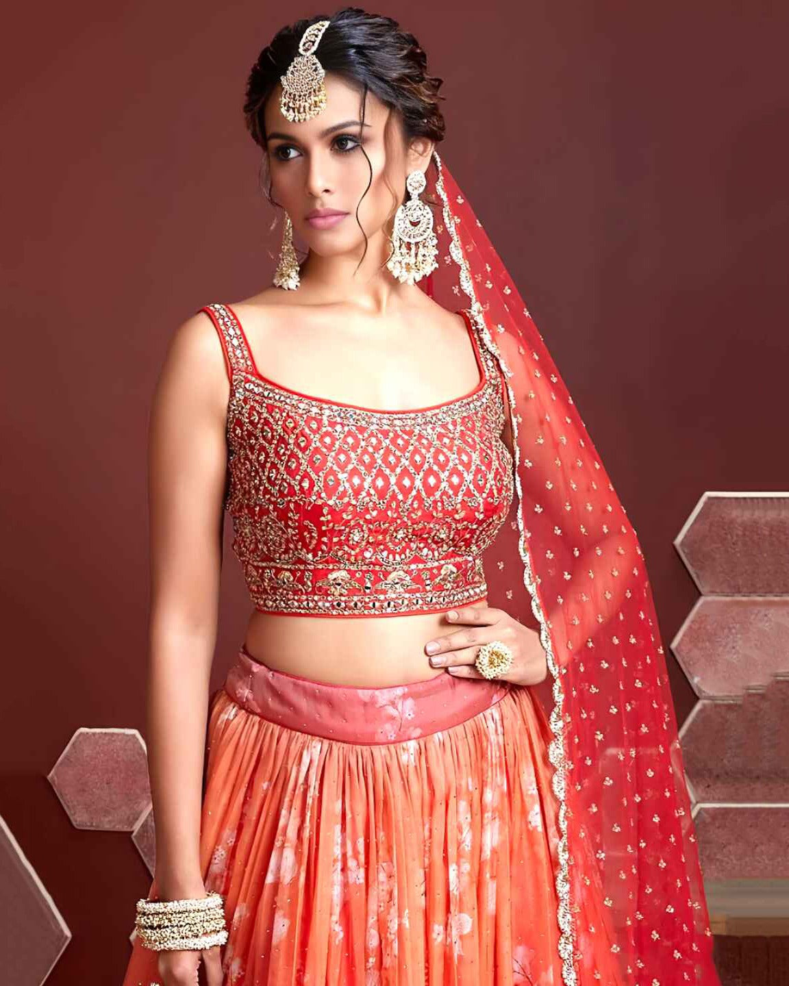 TIGER ORANGE ORGANZA SILK LEHENGA CHOLI