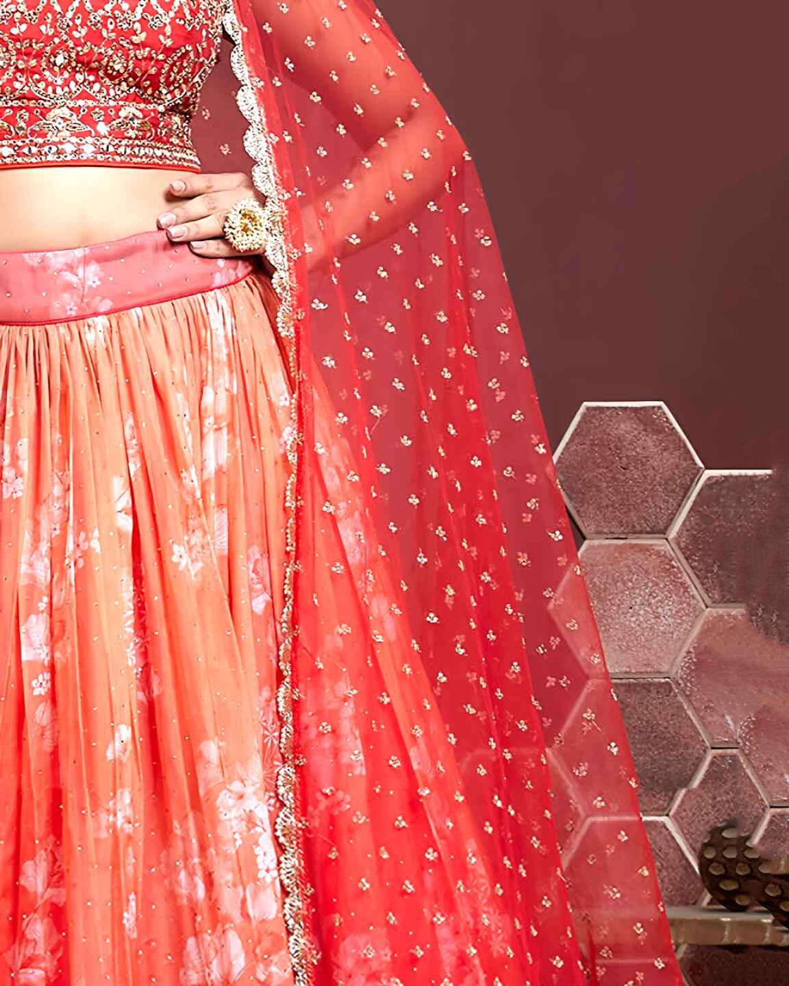 TIGER ORANGE ORGANZA SILK LEHENGA CHOLI