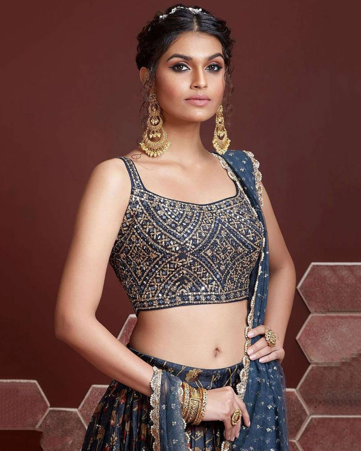 STONE BLUE SILK HEAVY WEDDING LEHENGA CHOLI