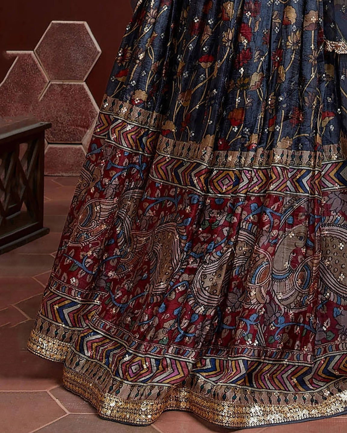 STONE BLUE SILK HEAVY WEDDING LEHENGA CHOLI