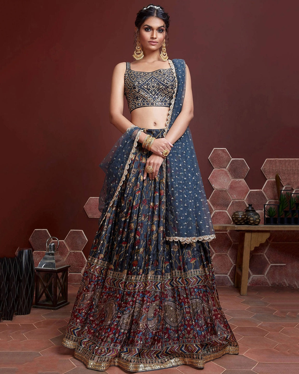 STONE BLUE SILK HEAVY WEDDING LEHENGA CHOLI