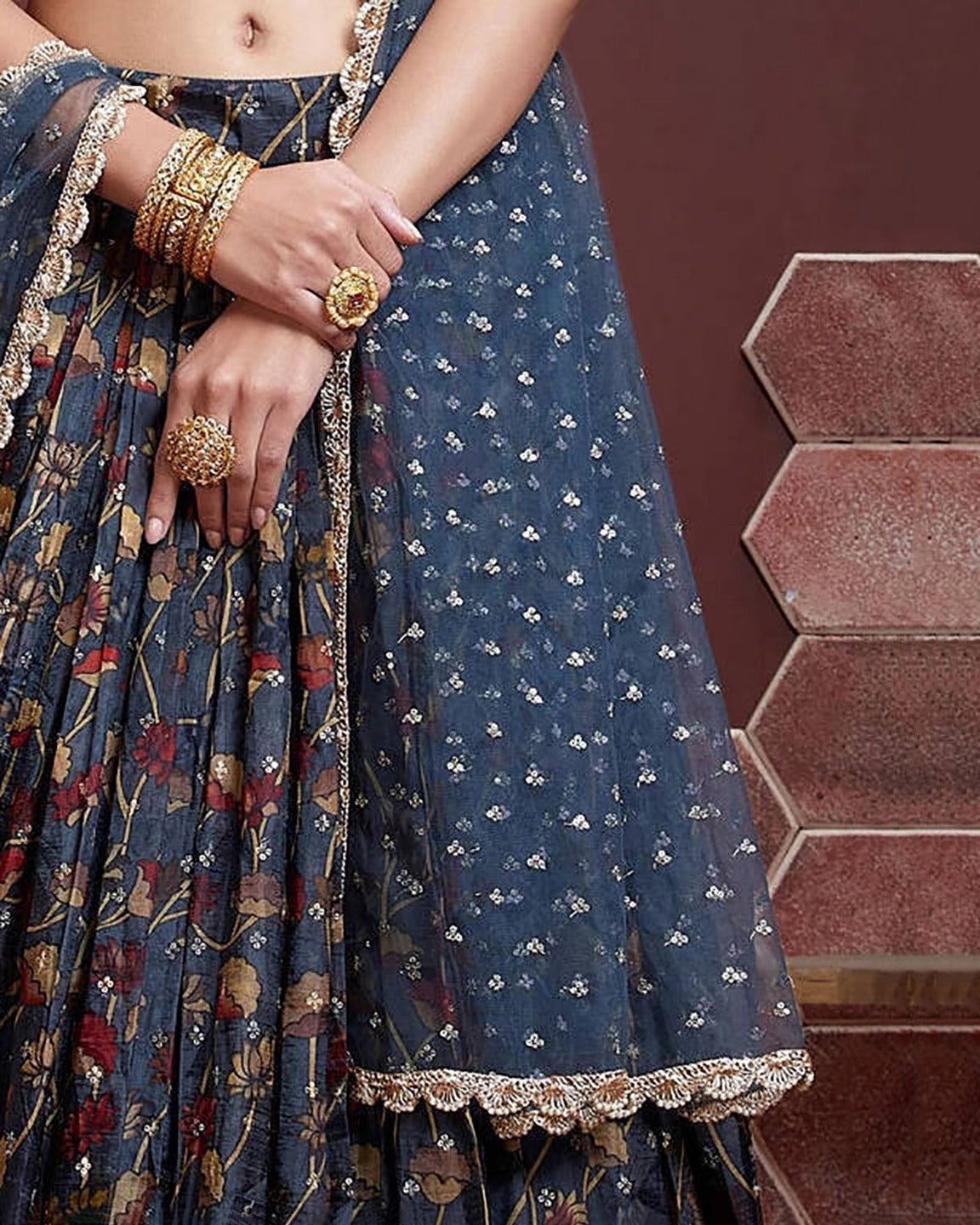 STONE BLUE SILK HEAVY WEDDING LEHENGA CHOLI