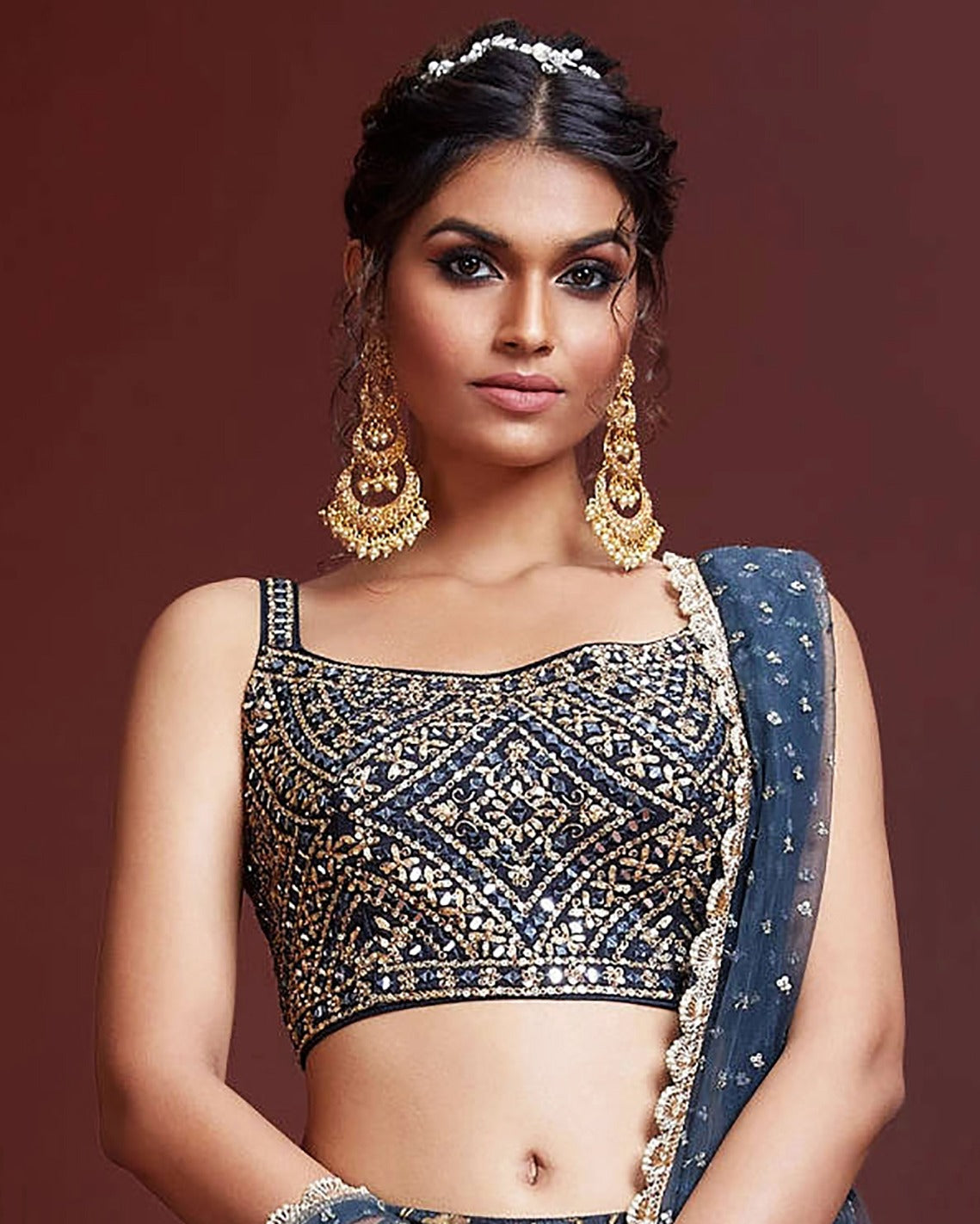 STONE BLUE SILK HEAVY WEDDING LEHENGA CHOLI