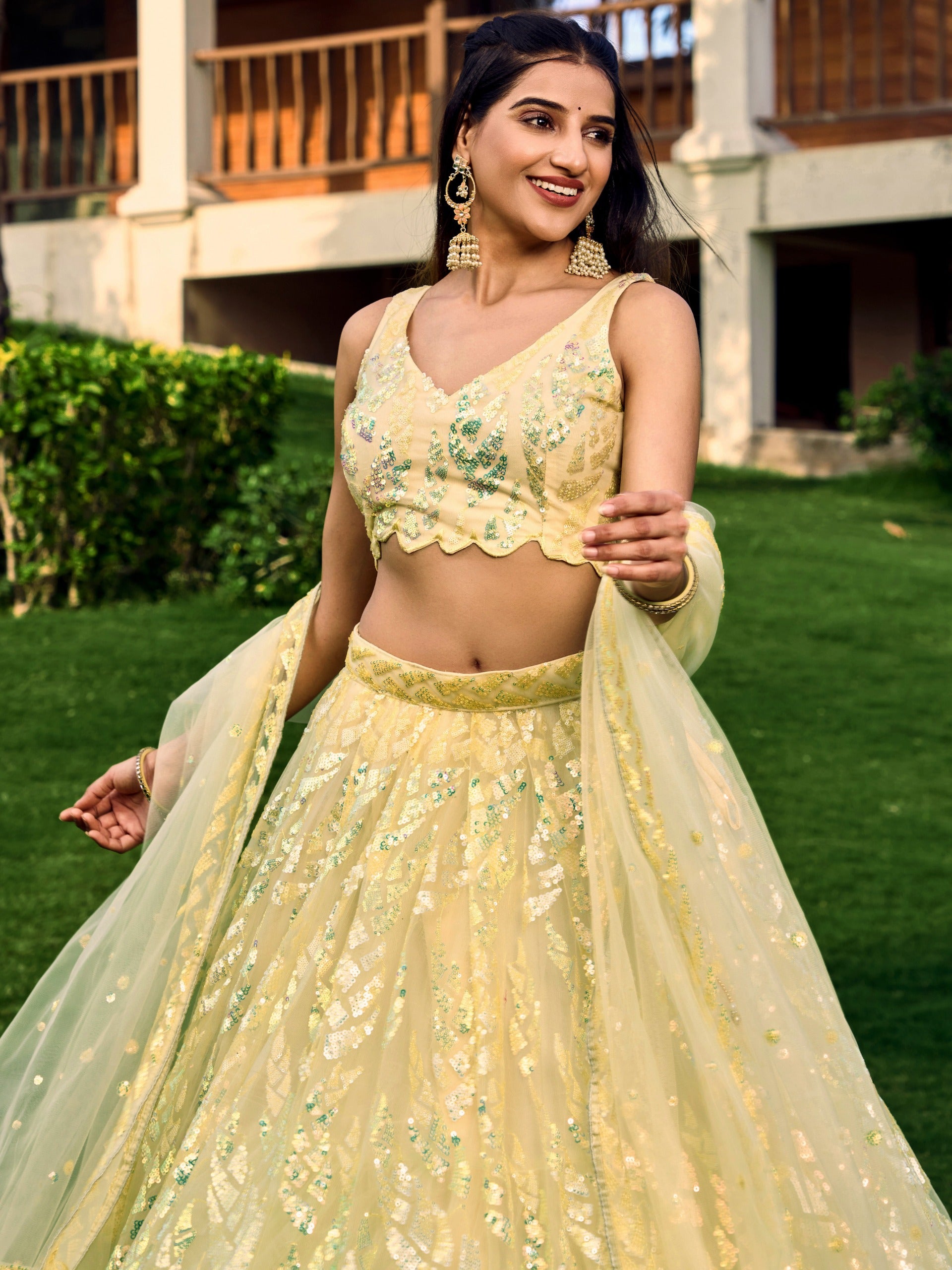 BANANA YELLOW HEAVY SEQUINS LEHENGA