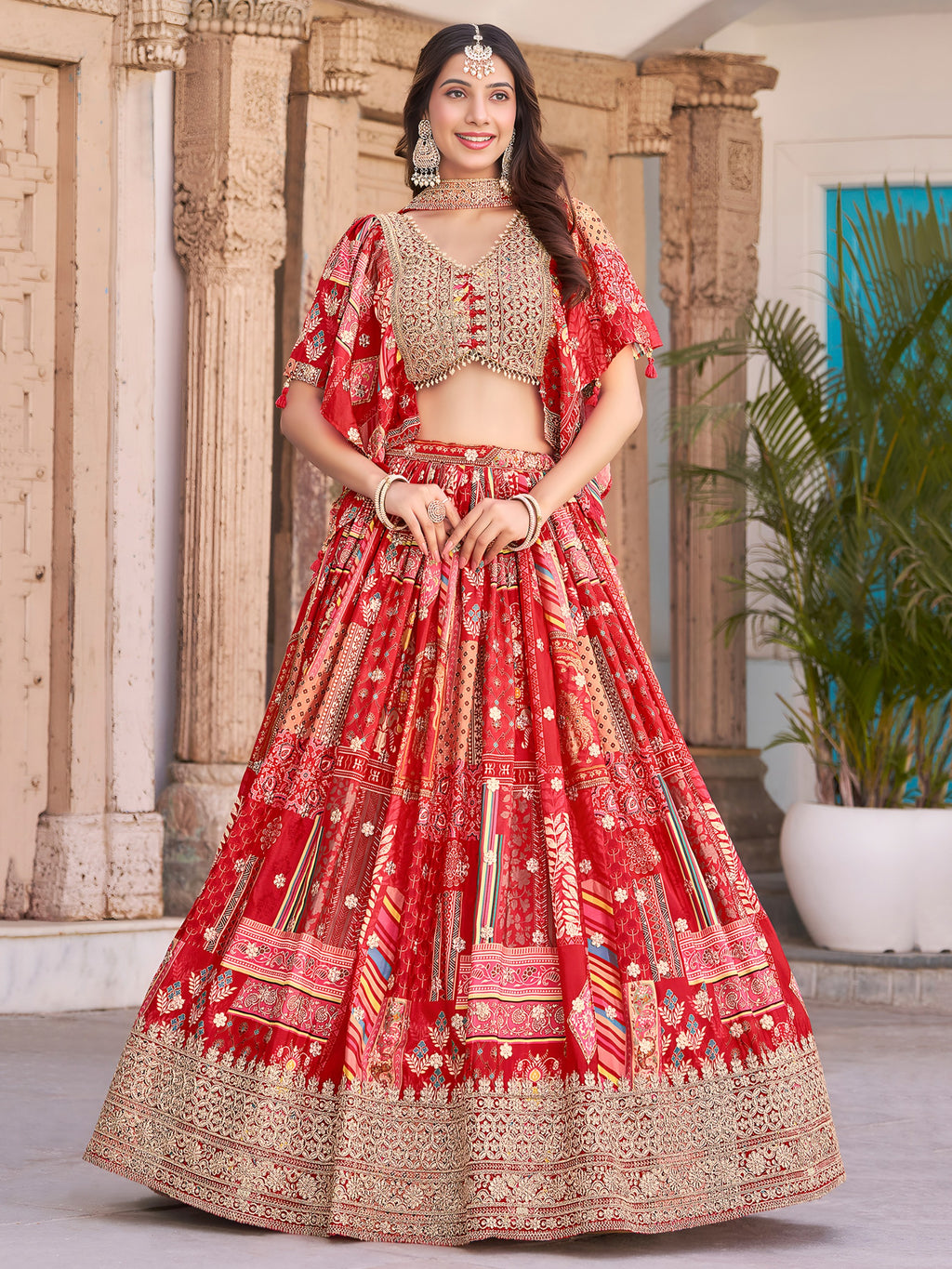 ROSE RED EMBROIDERED SILK LEHENGA CHOLI