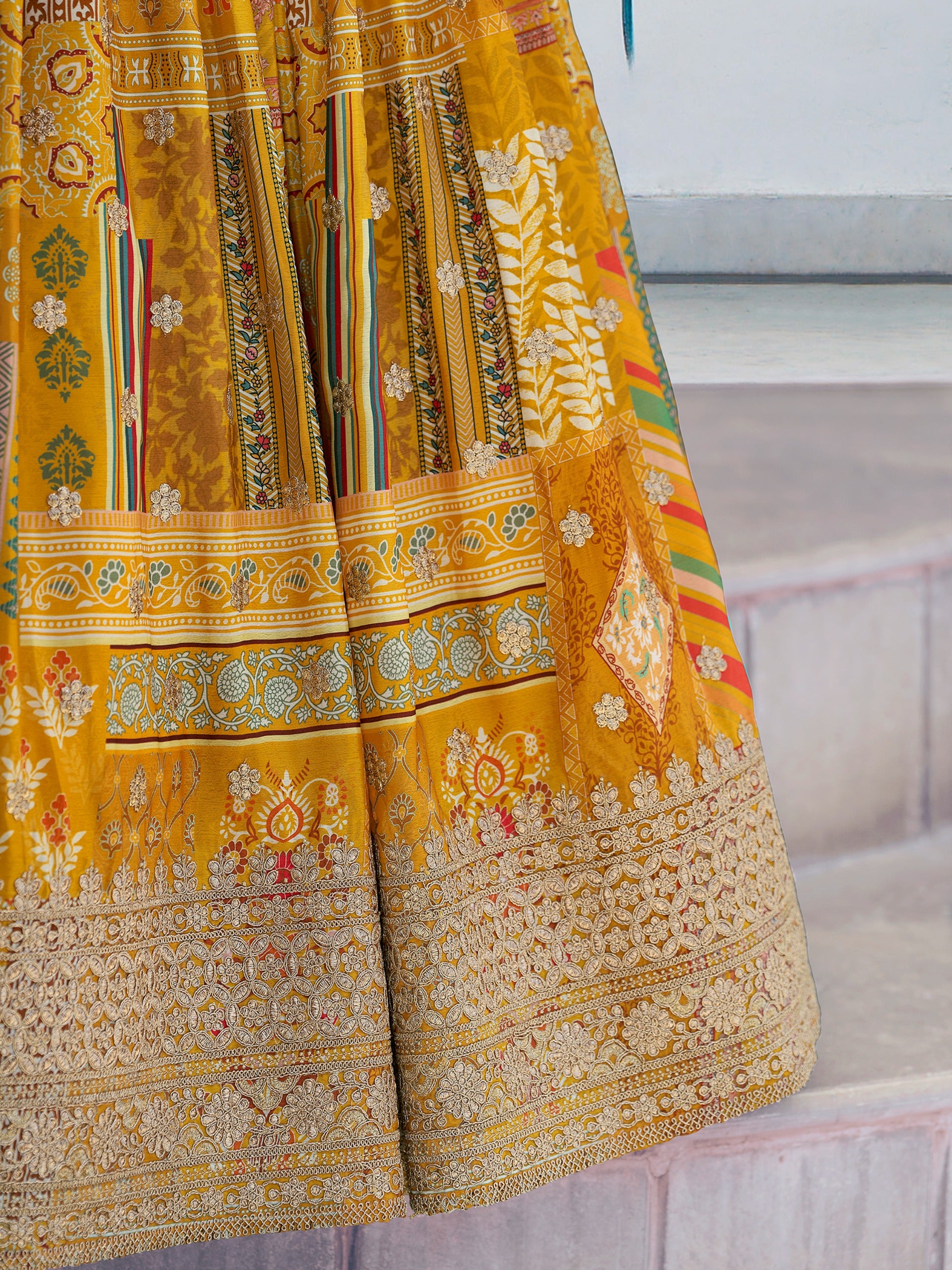 YELLOW MULTICOLOR PRINTED EMBROIDERED LEHENGA CHOLI