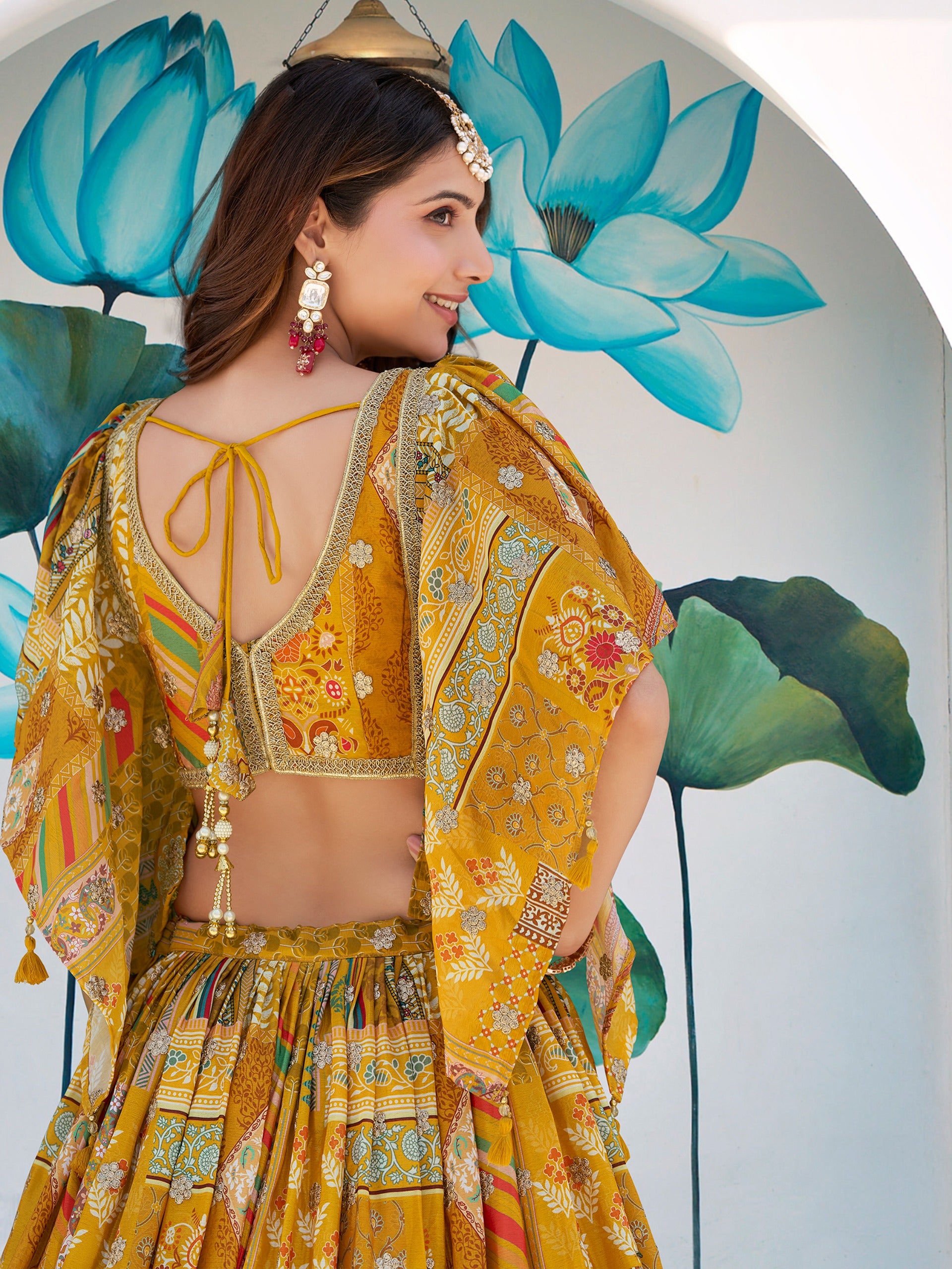 YELLOW MULTICOLOR PRINTED EMBROIDERED LEHENGA CHOLI