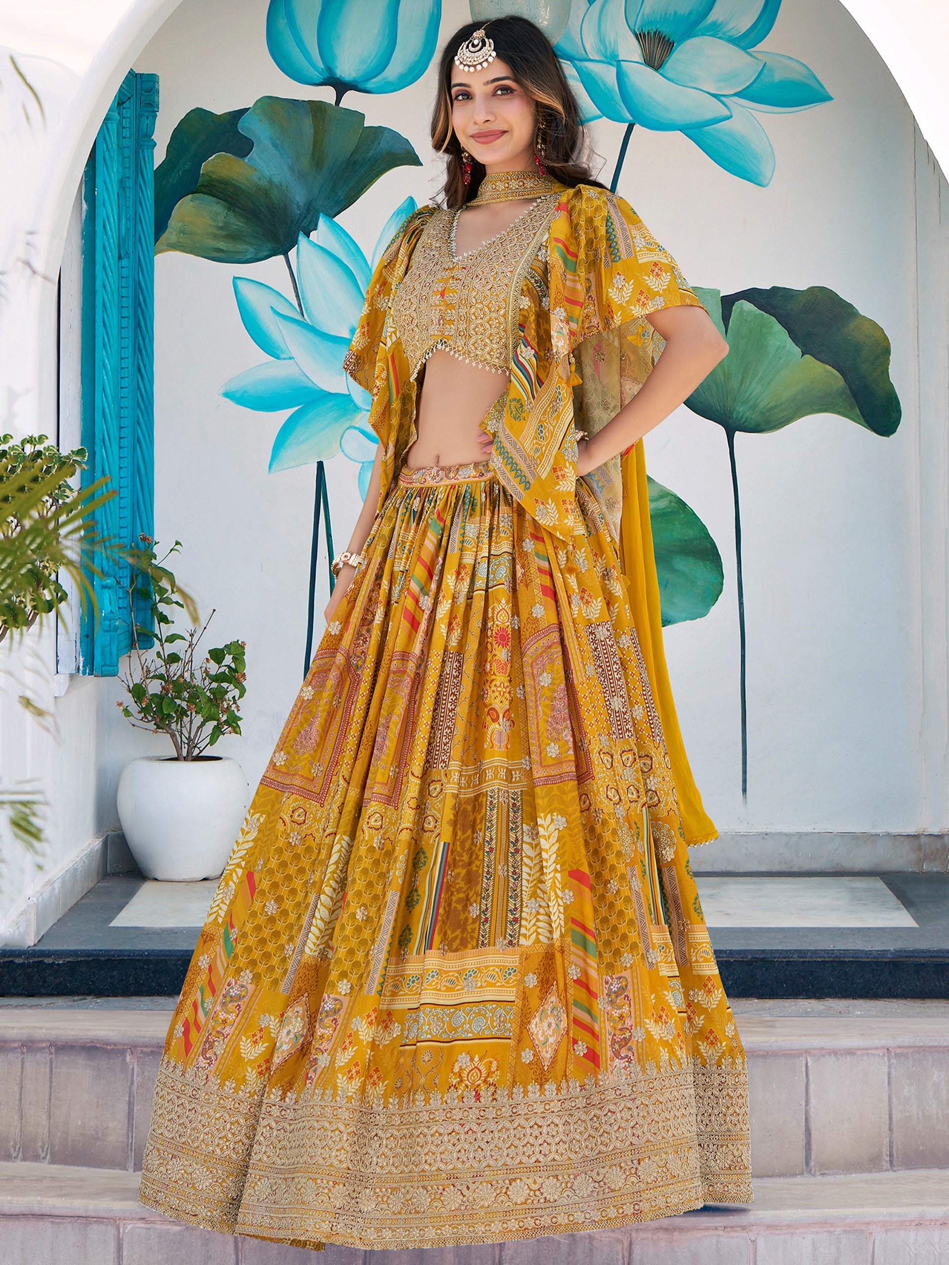 YELLOW MULTICOLOR PRINTED EMBROIDERED LEHENGA CHOLI
