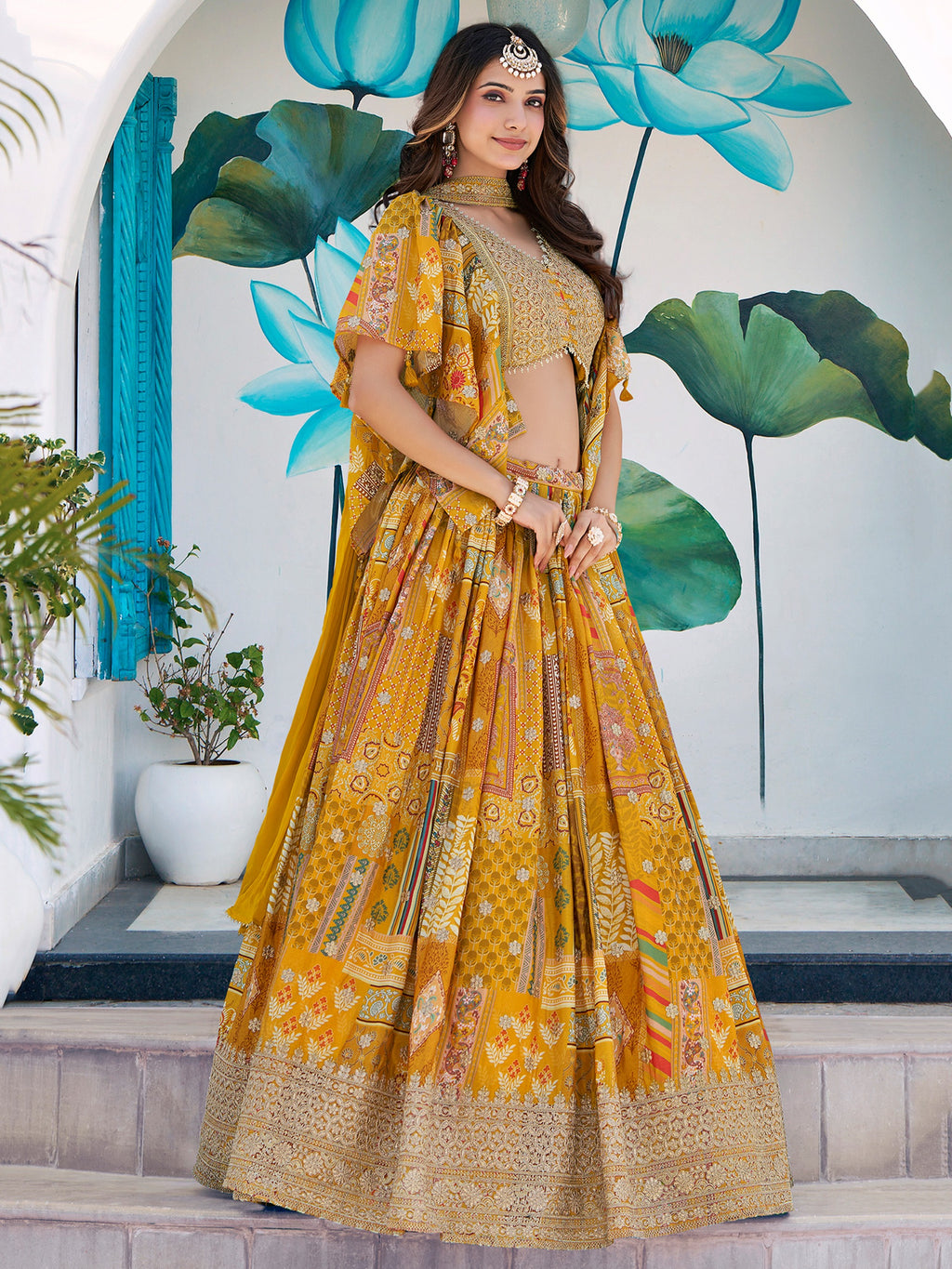 YELLOW MULTICOLOR PRINTED EMBROIDERED LEHENGA CHOLI