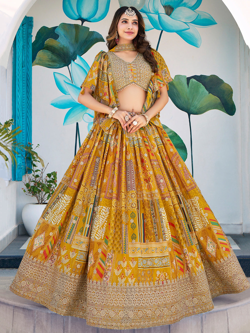 YELLOW MULTICOLOR PRINTED EMBROIDERED LEHENGA CHOLI
