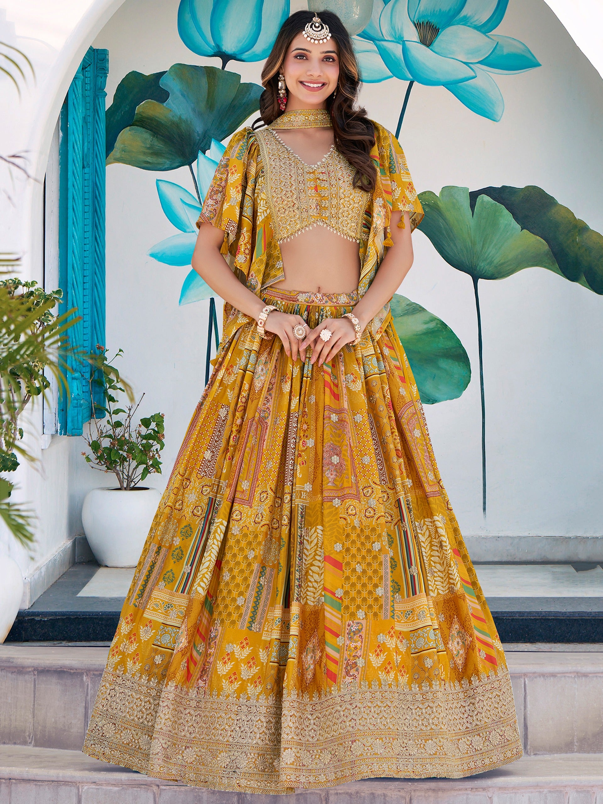 YELLOW MULTICOLOR PRINTED EMBROIDERED LEHENGA CHOLI