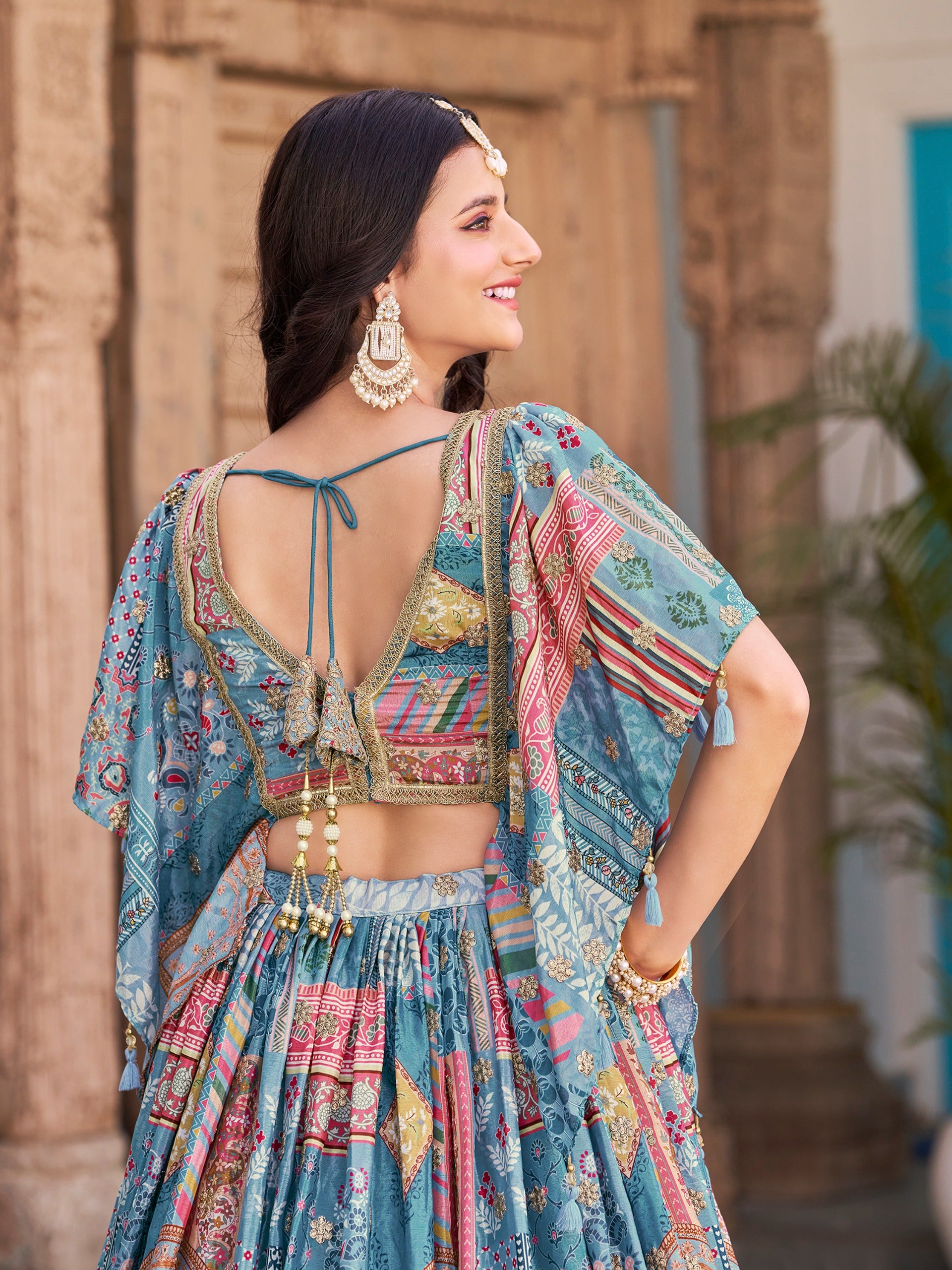 SKY BLUE MULTICOLOR PRINTED EMBROIDERED LEHENGA