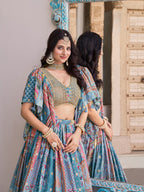 SKY BLUE MULTICOLOR PRINTED EMBROIDERED LEHENGA