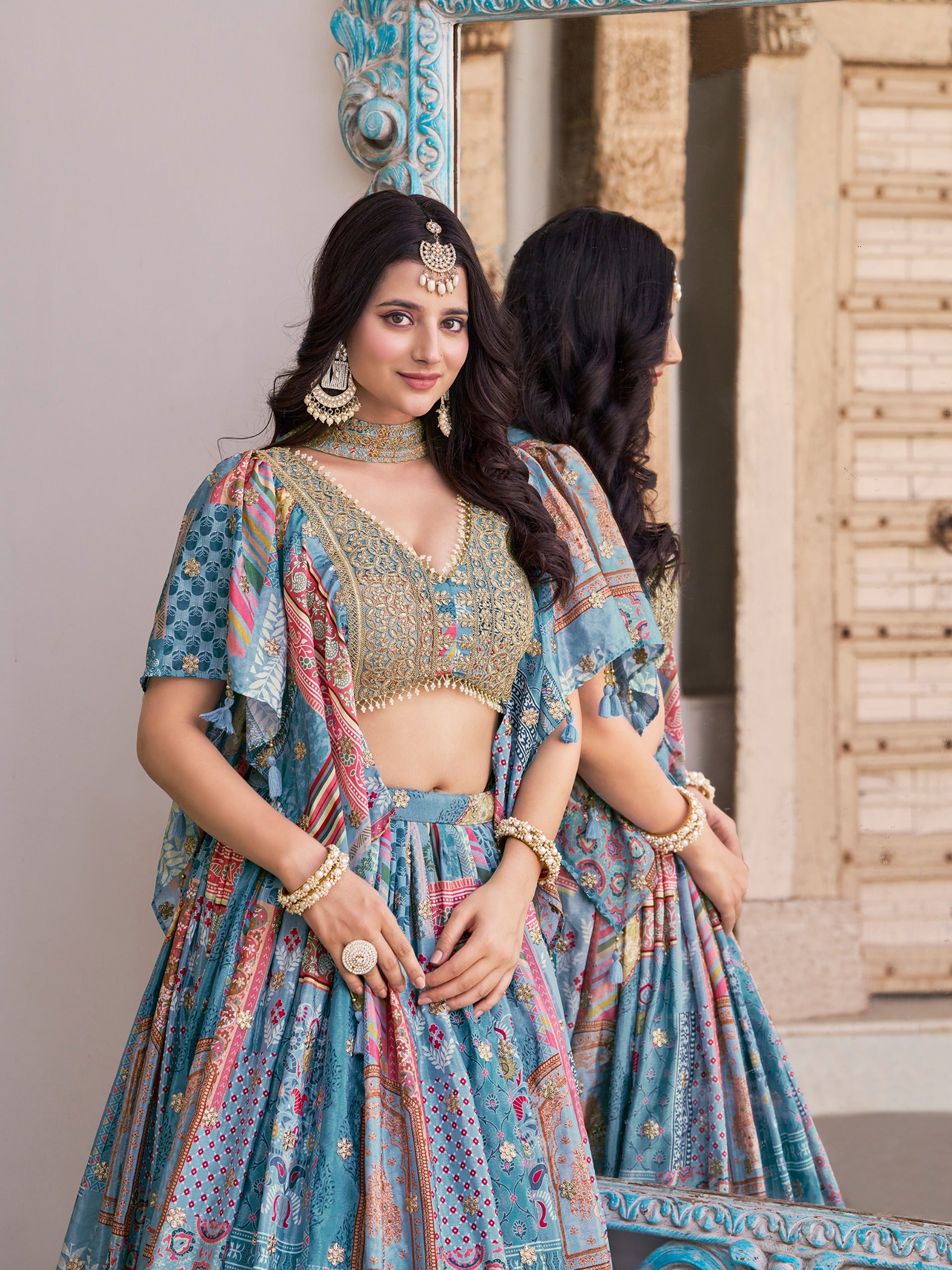 SKY BLUE MULTICOLOR PRINTED EMBROIDERED LEHENGA