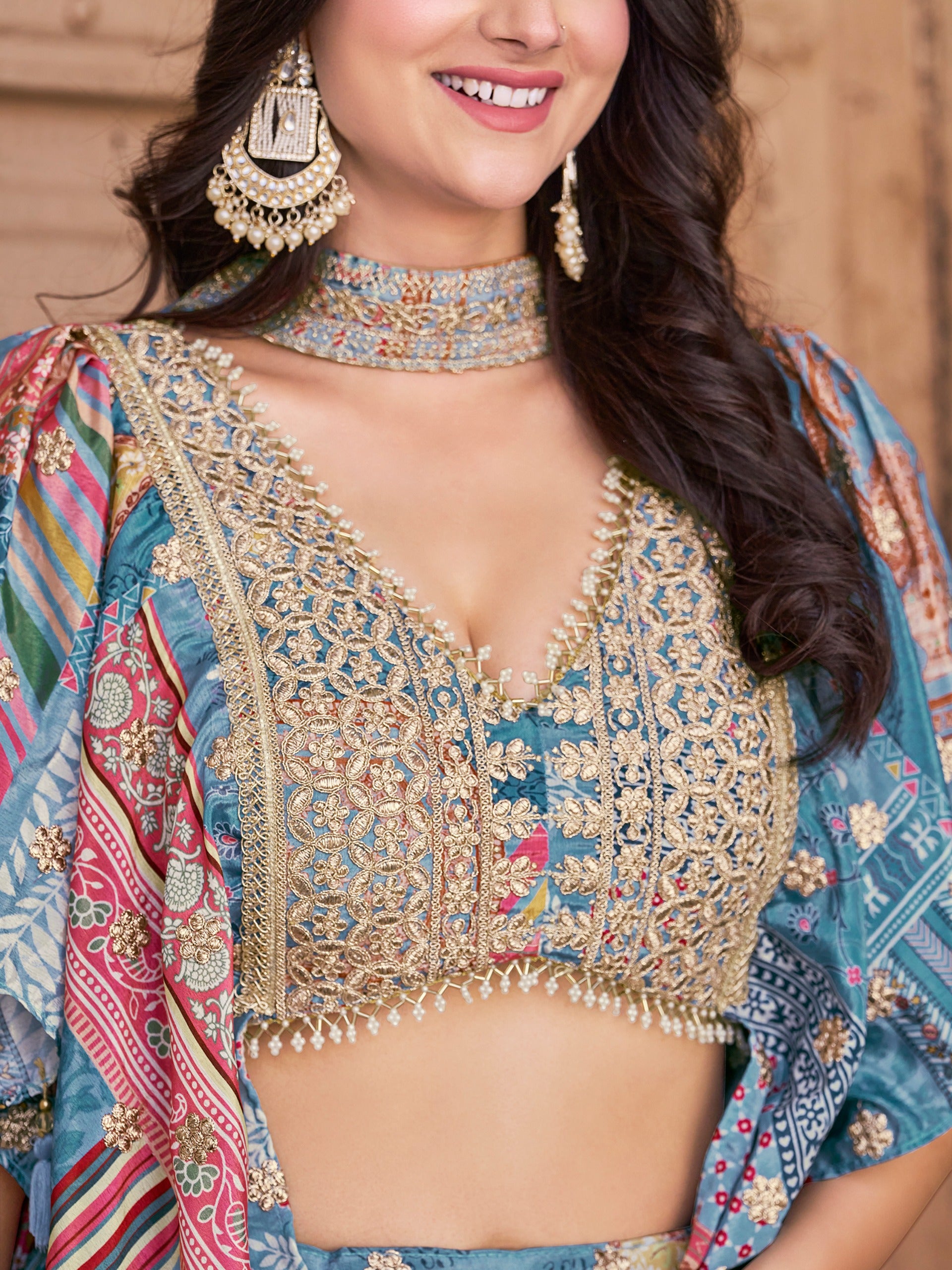 SKY BLUE MULTICOLOR PRINTED EMBROIDERED LEHENGA