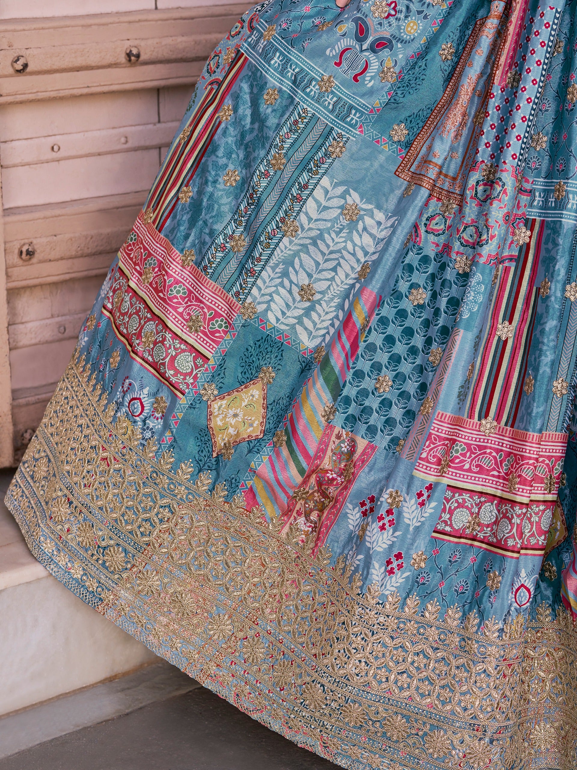 SKY BLUE MULTICOLOR PRINTED EMBROIDERED LEHENGA