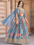 SKY BLUE MULTICOLOR PRINTED EMBROIDERED LEHENGA