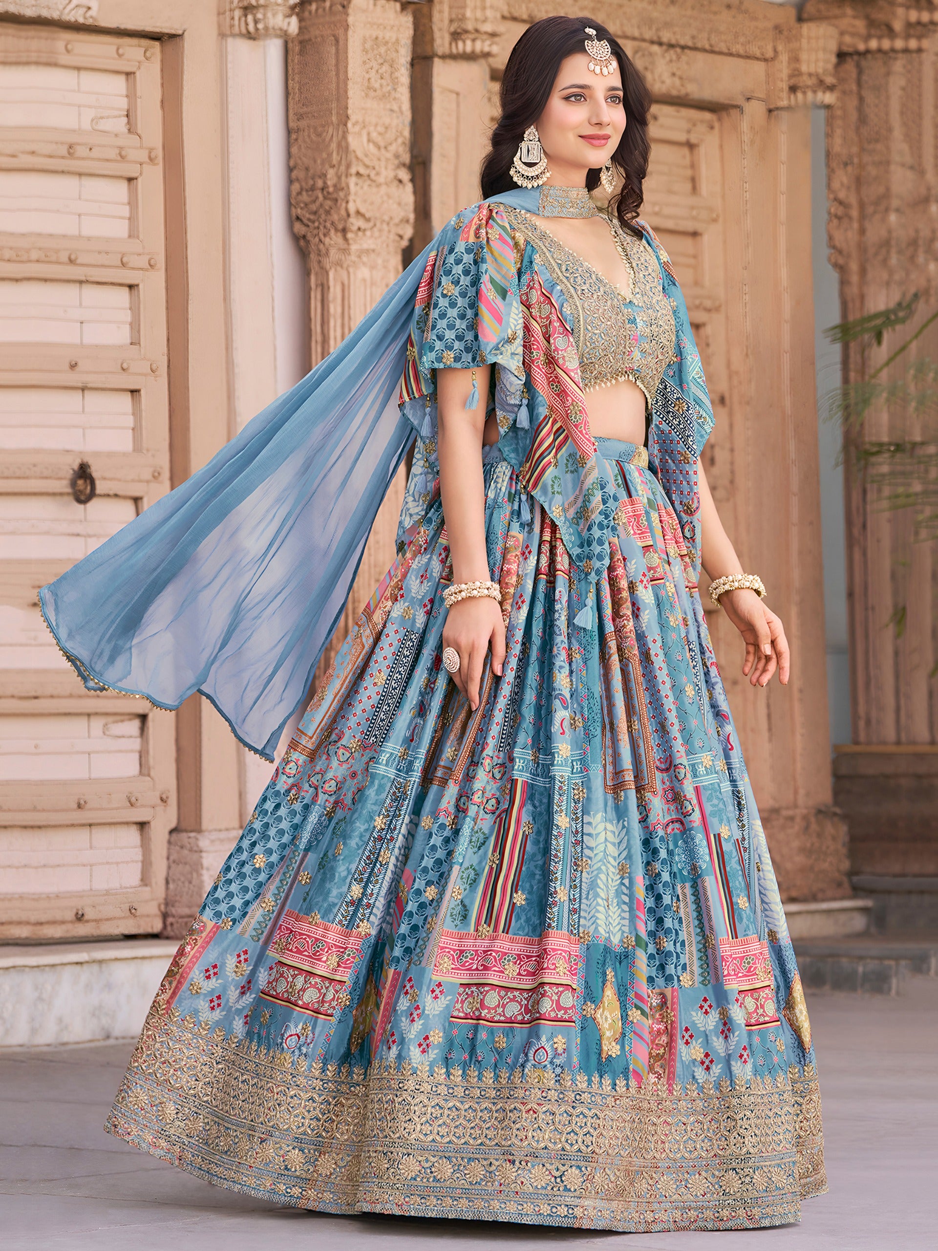SKY BLUE MULTICOLOR PRINTED EMBROIDERED LEHENGA