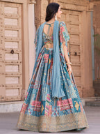 SKY BLUE MULTICOLOR PRINTED EMBROIDERED LEHENGA