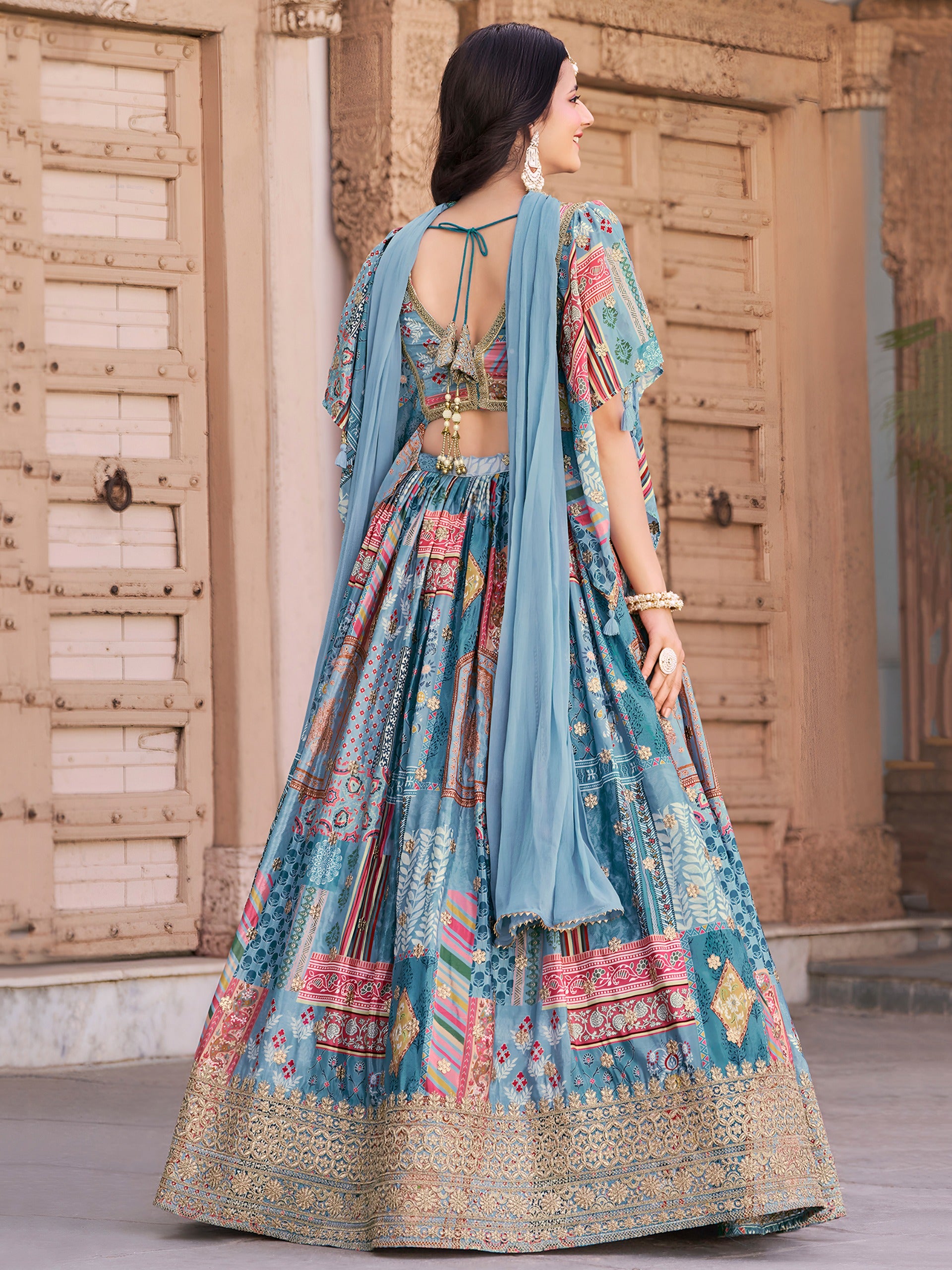 SKY BLUE MULTICOLOR PRINTED EMBROIDERED LEHENGA