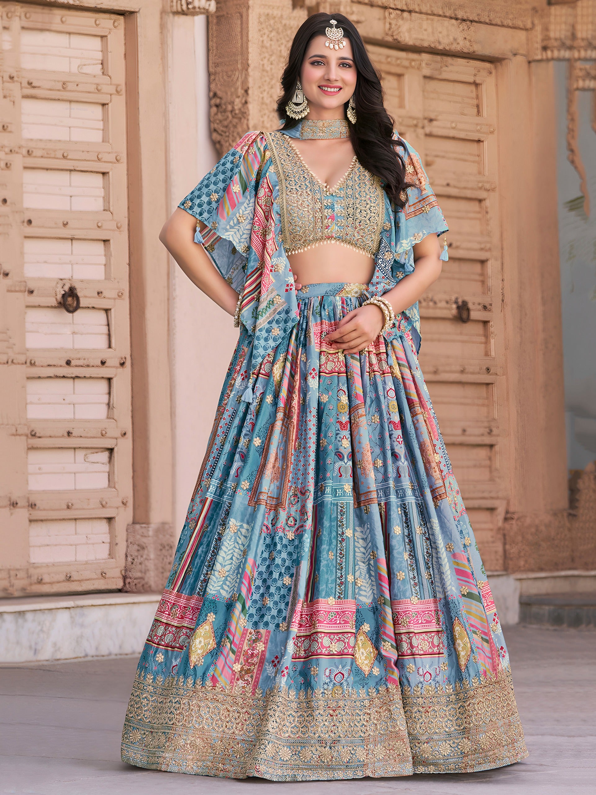 SKY BLUE MULTICOLOR PRINTED EMBROIDERED LEHENGA