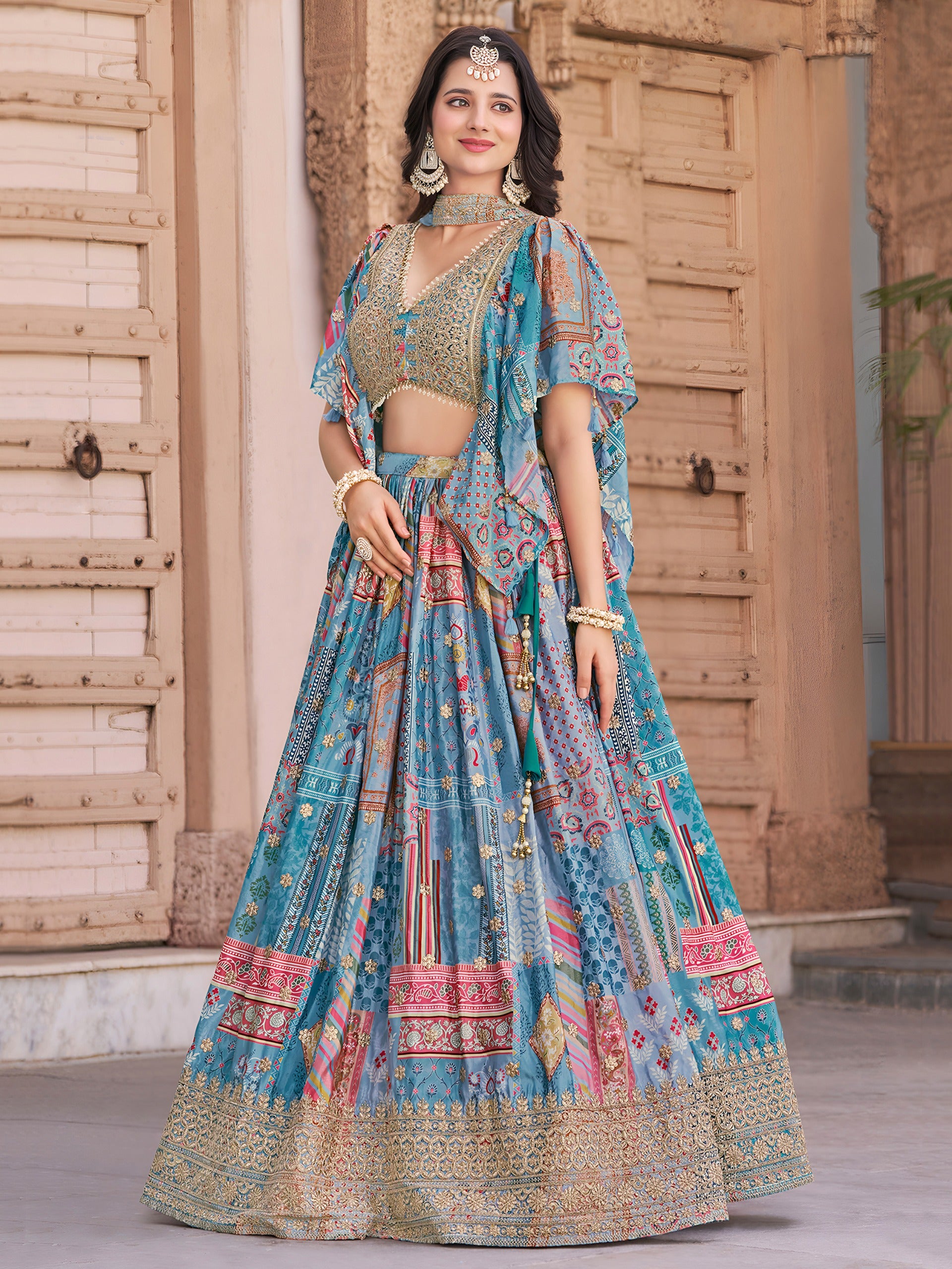 SKY BLUE MULTICOLOR PRINTED EMBROIDERED LEHENGA