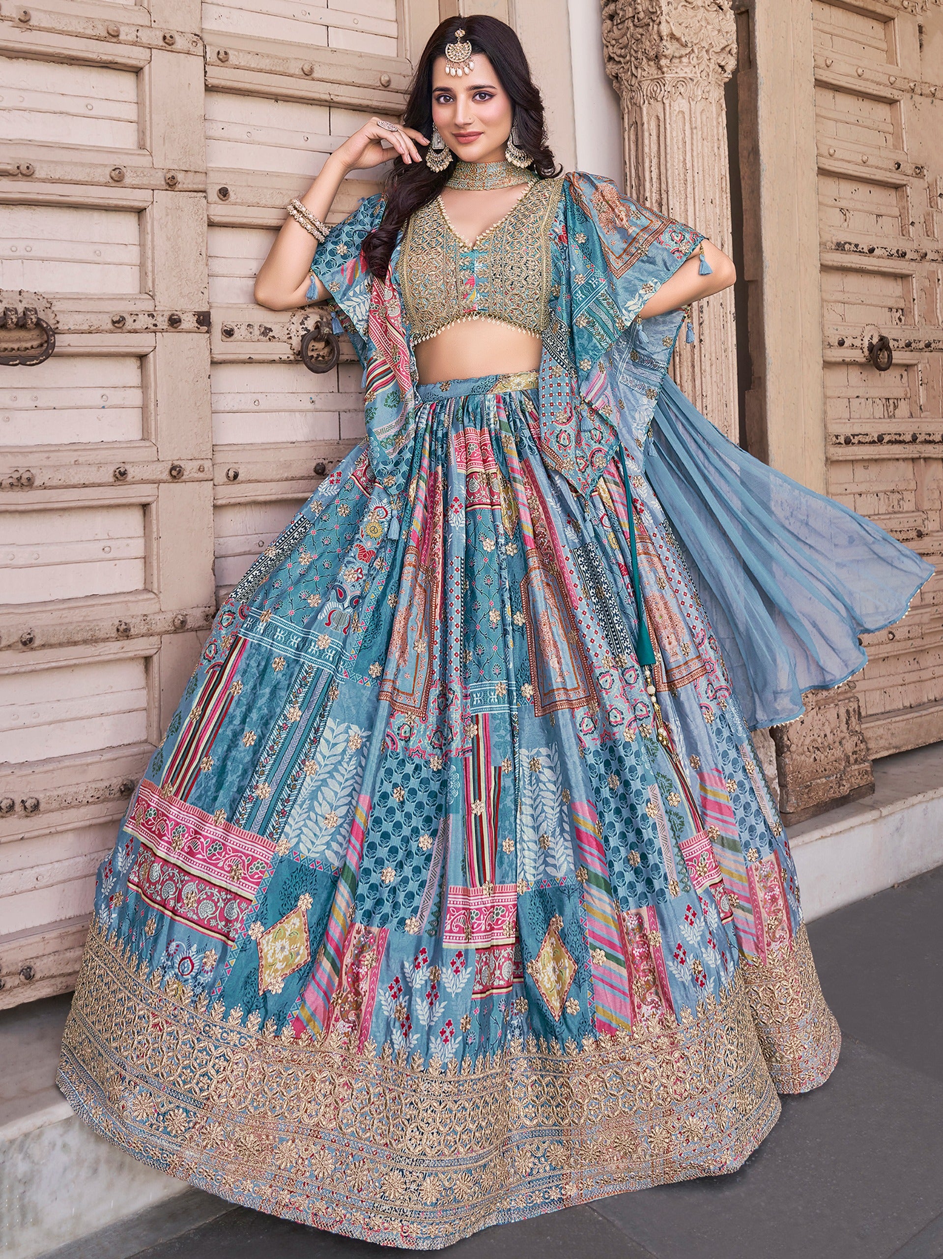 SKY BLUE MULTICOLOR PRINTED EMBROIDERED LEHENGA