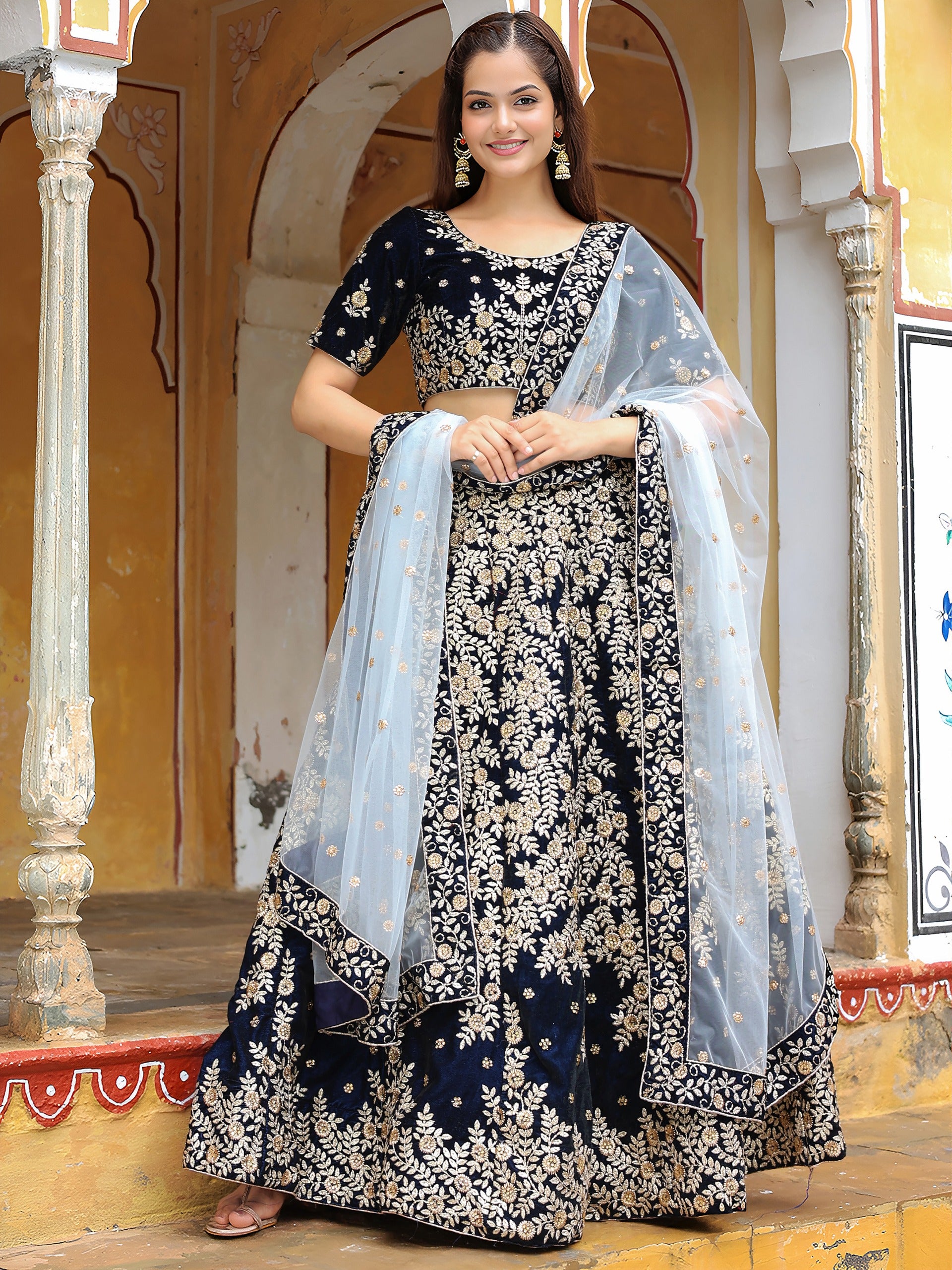 NAVY BLUE VELVET FLORAL LEHENGA CHOLI