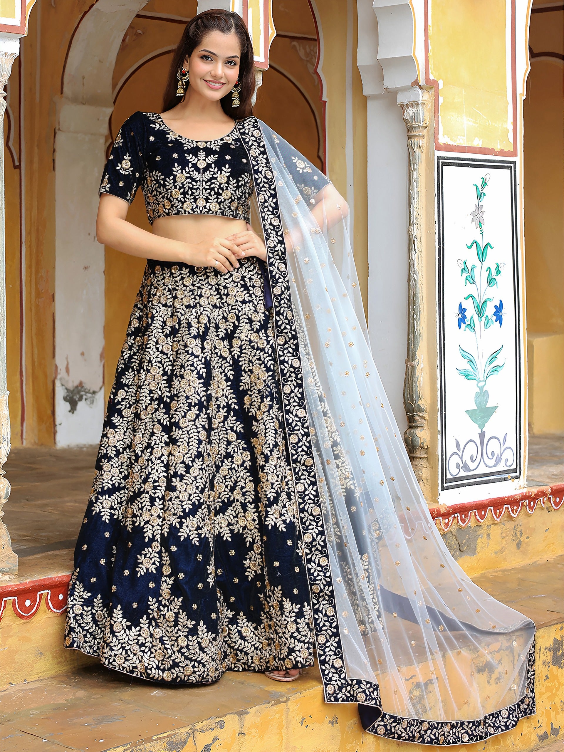 NAVY BLUE VELVET FLORAL LEHENGA CHOLI