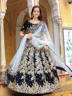 NAVY BLUE VELVET FLORAL LEHENGA CHOLI