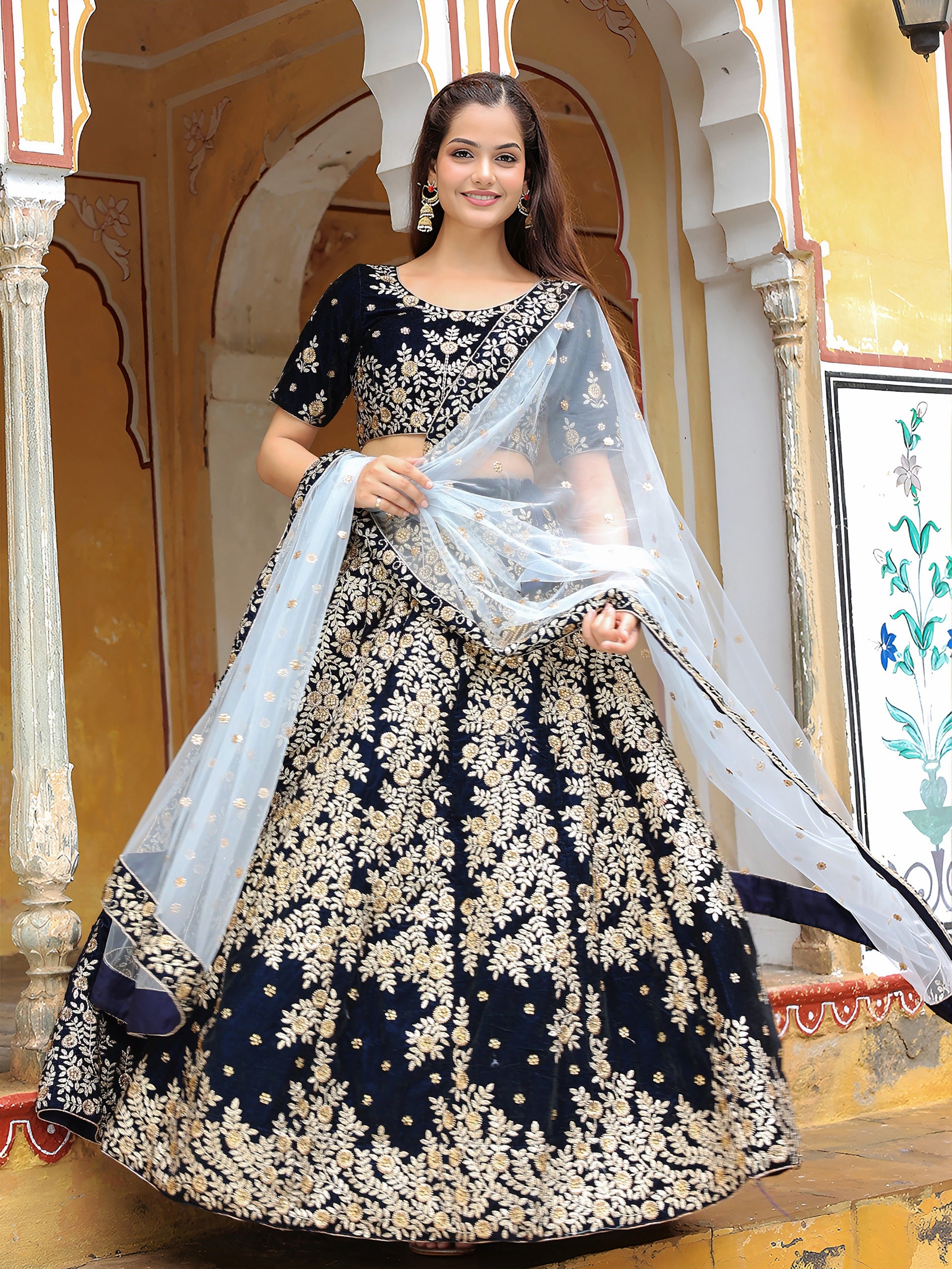 NAVY BLUE VELVET FLORAL LEHENGA CHOLI