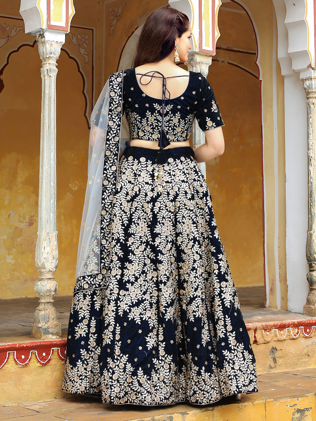 NAVY BLUE VELVET FLORAL LEHENGA CHOLI