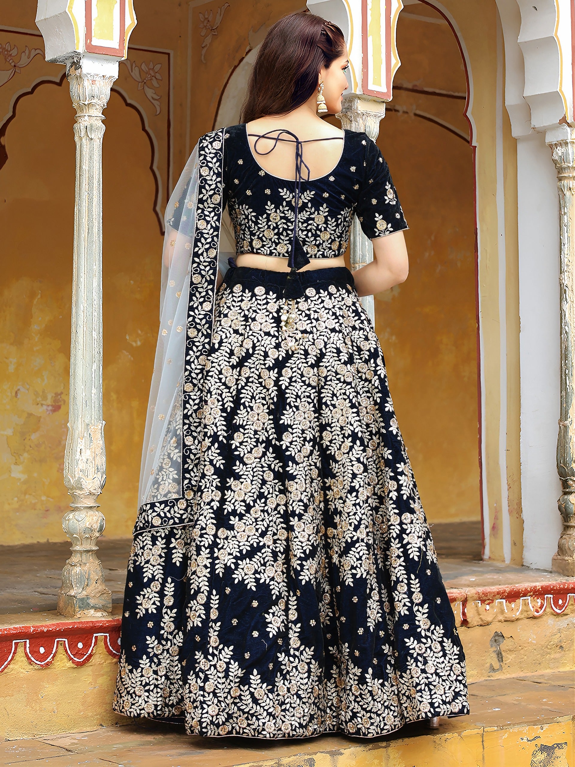 NAVY BLUE VELVET FLORAL LEHENGA CHOLI