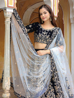 NAVY BLUE VELVET FLORAL LEHENGA CHOLI