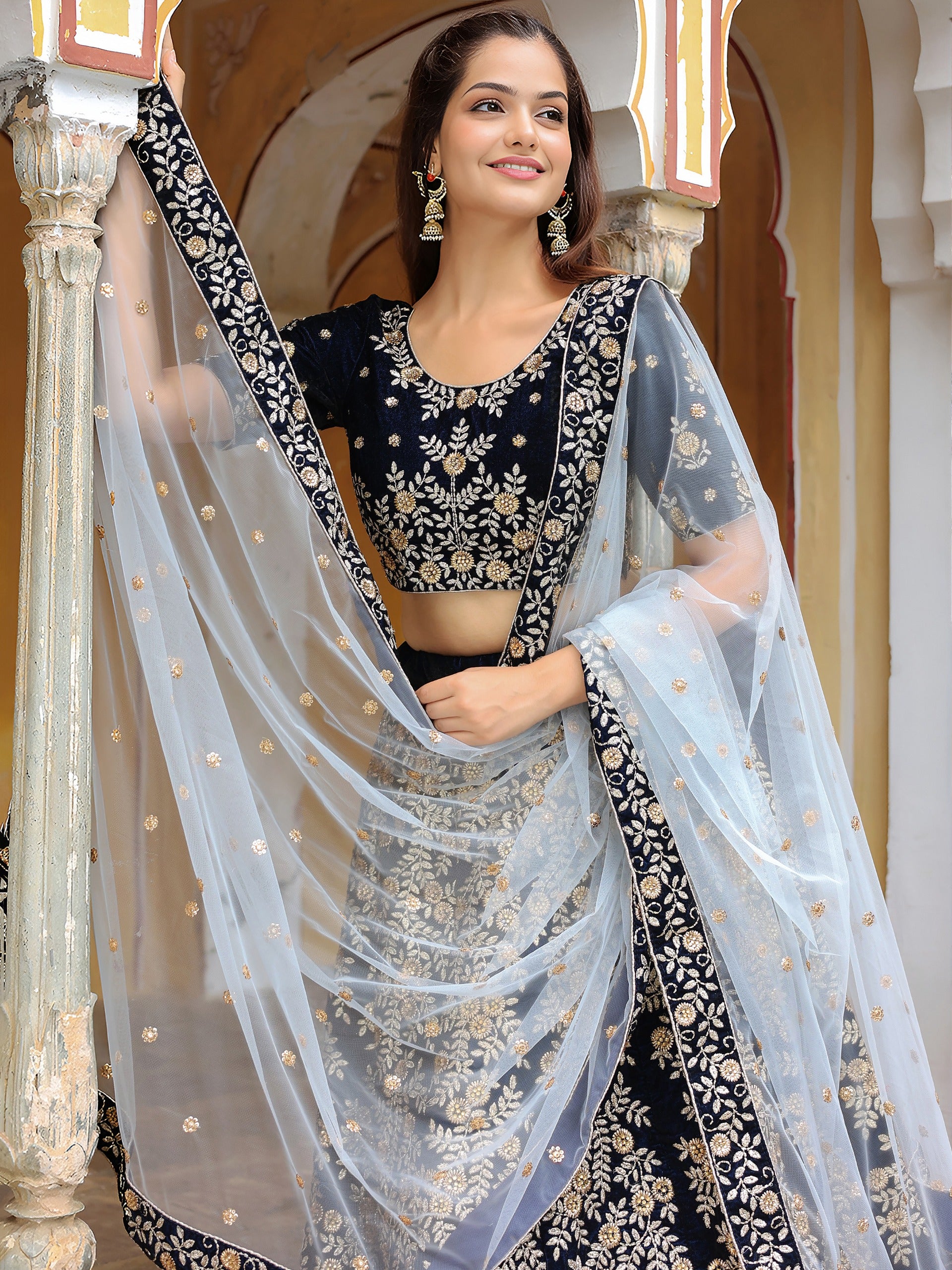 NAVY BLUE VELVET FLORAL LEHENGA CHOLI