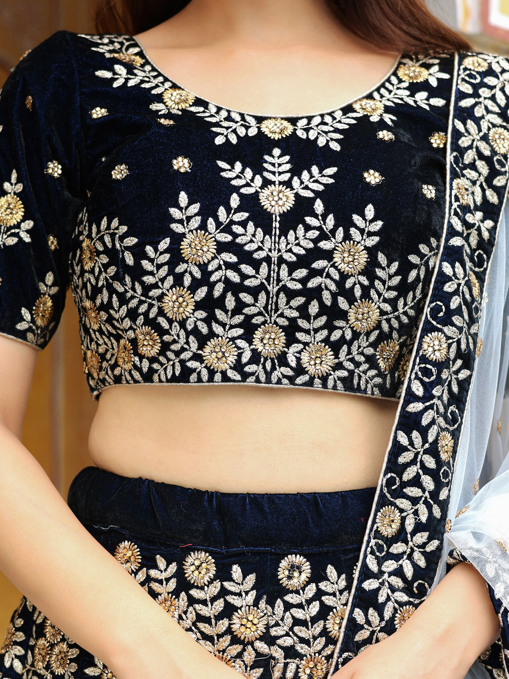 NAVY BLUE VELVET FLORAL LEHENGA CHOLI