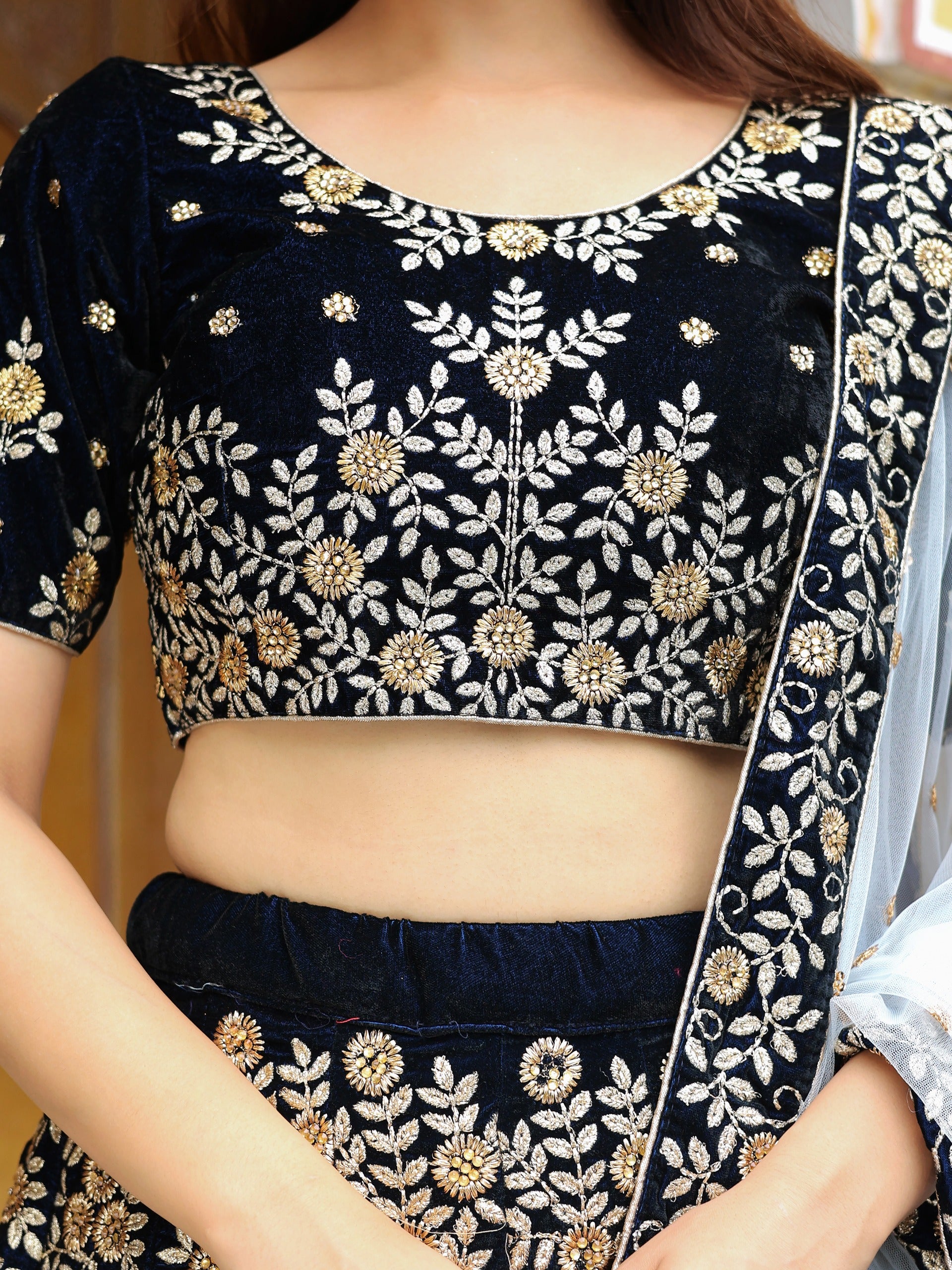 NAVY BLUE VELVET FLORAL LEHENGA CHOLI