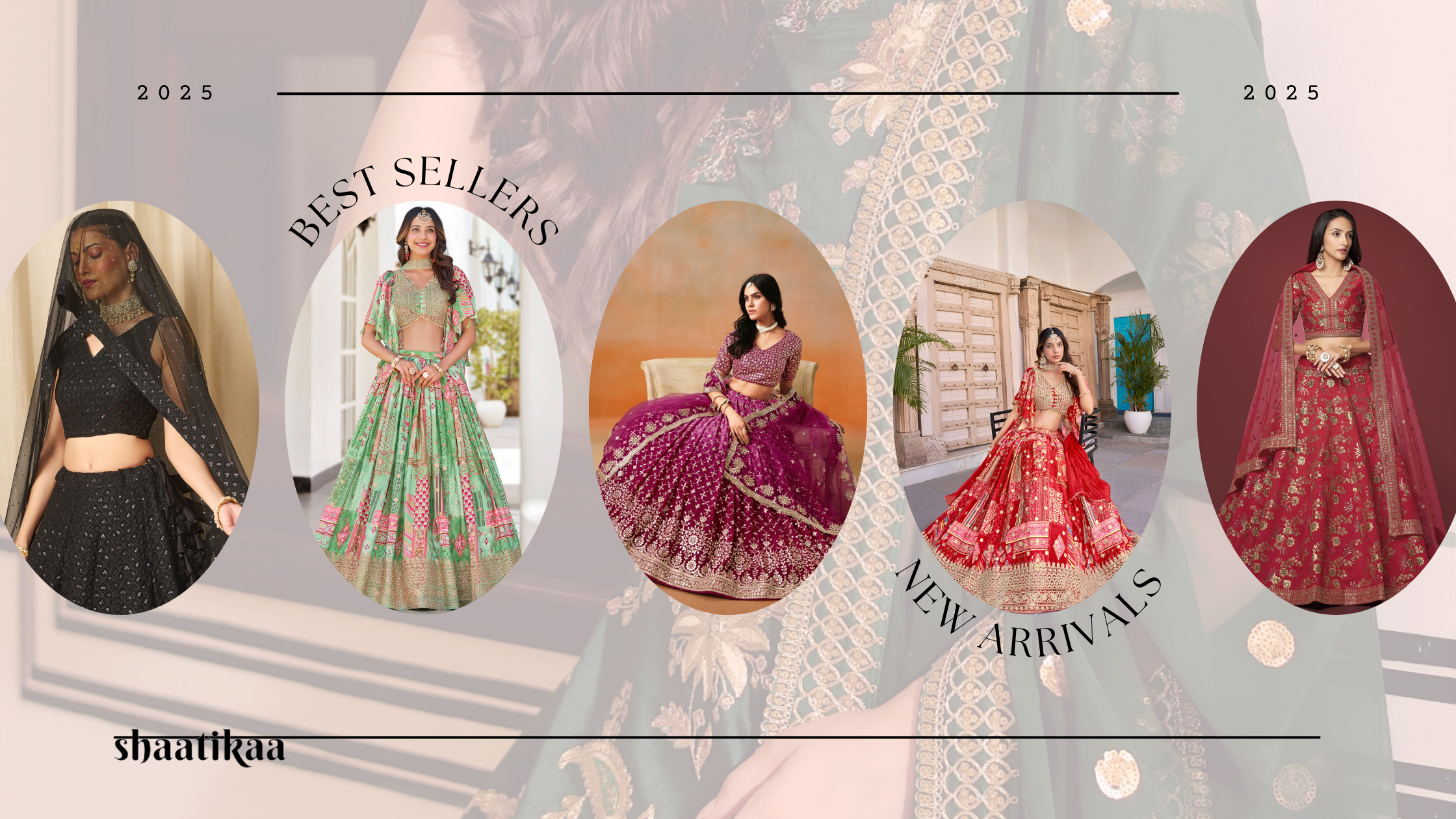 Promotional graphic for Shaatkaa with images of women in traditional attire and text indicating best sellers and new arrivals.