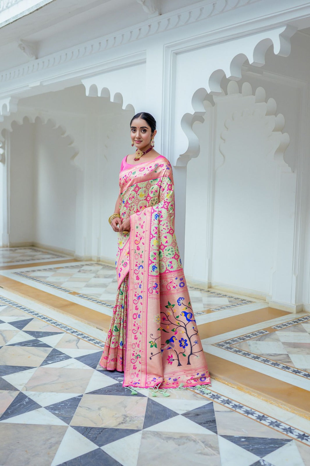 Light Green & Pink Soft Paithani Silk Saree