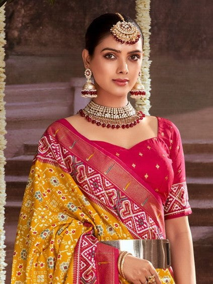 Mustard Yellow Printed Tussar Silk Ikat Saree