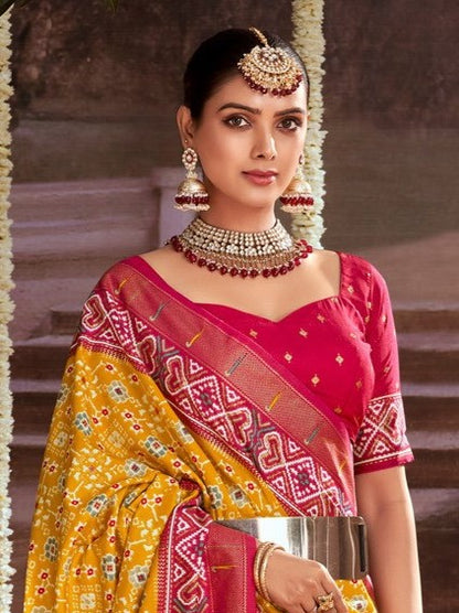 Mustard Yellow Printed Tussar Silk Ikat Saree