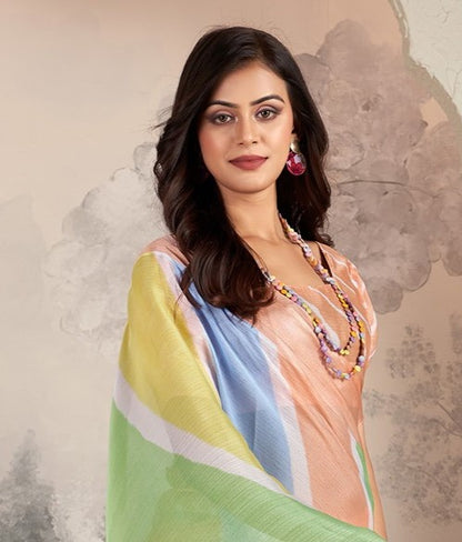 Peach Orange Printed Chiffon Leheriya Saree