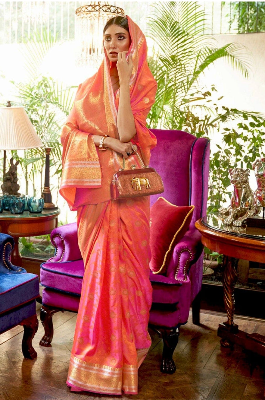 Peach Floral Banarasi Silk Saree