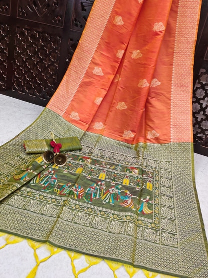 Peach Orange Raw Silk Saree